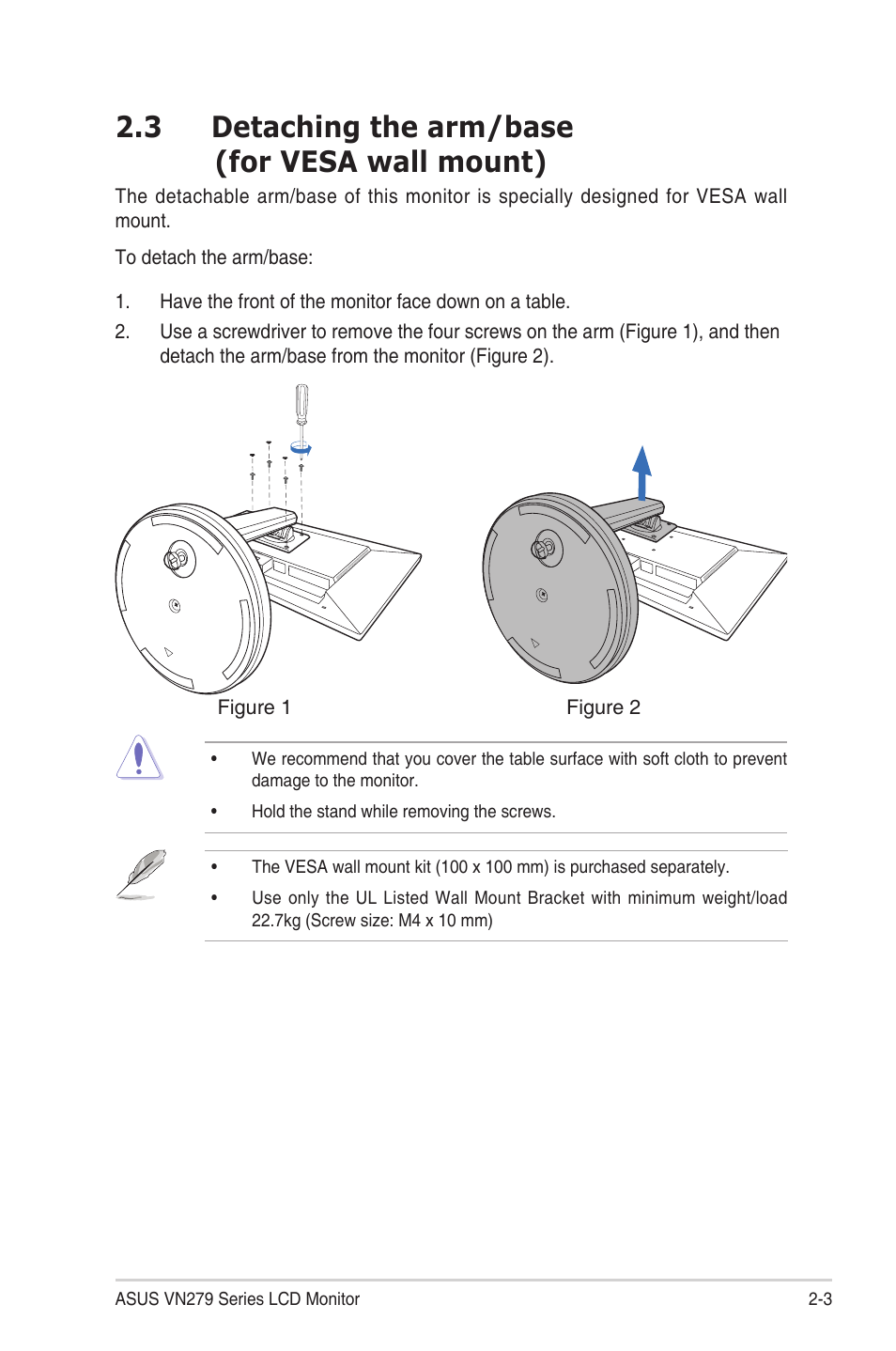 3 detaching the arm (for vesa wall mount), Detaching.the.arm/base, For.vesa.wall.mount) -3 | 3 detaching the arm/base (for vesa wall mount) | Asus VN279QLB User Manual | Page 17 / 30