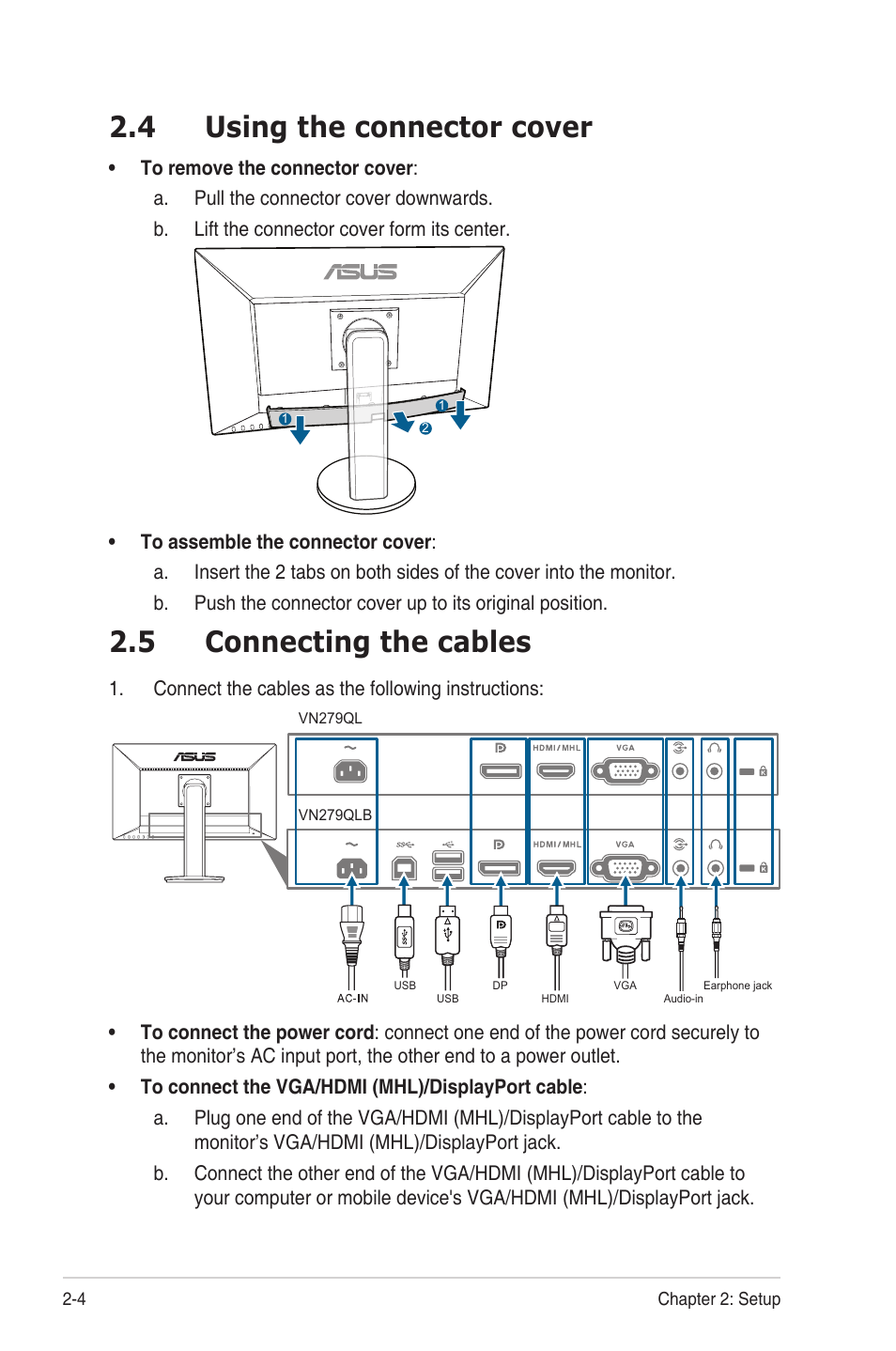 4 using the connector cover, 5 connecting the cables, Using.the.connector.cover -4 | Connecting.the.cables -4 | Asus VN279QLB User Manual | Page 18 / 30