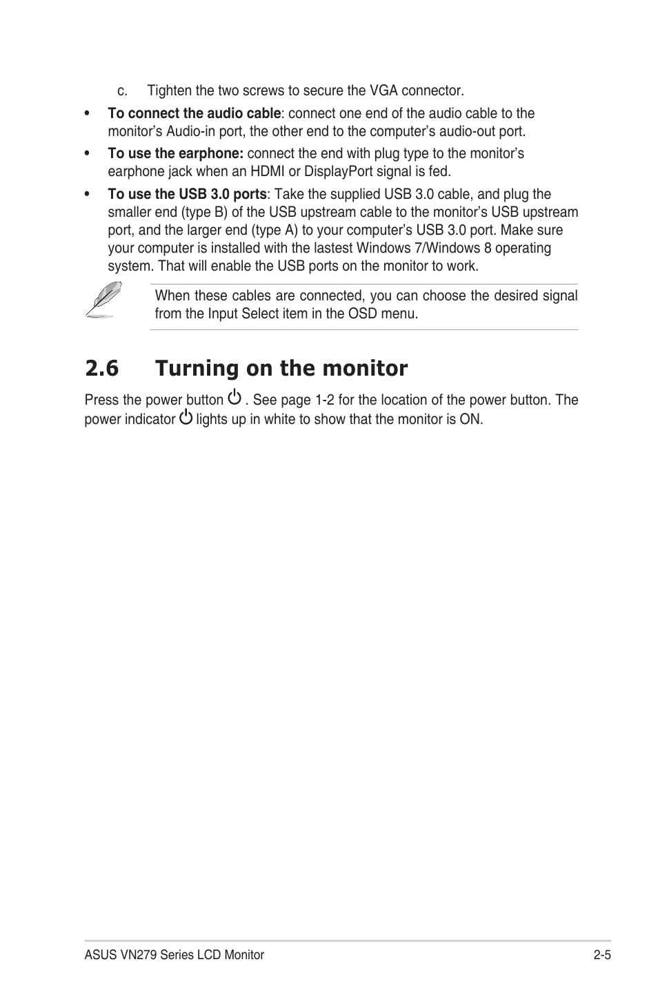 6 turning on the monitor, Turning.on.the.monitor -5 | Asus VN279QLB User Manual | Page 19 / 30