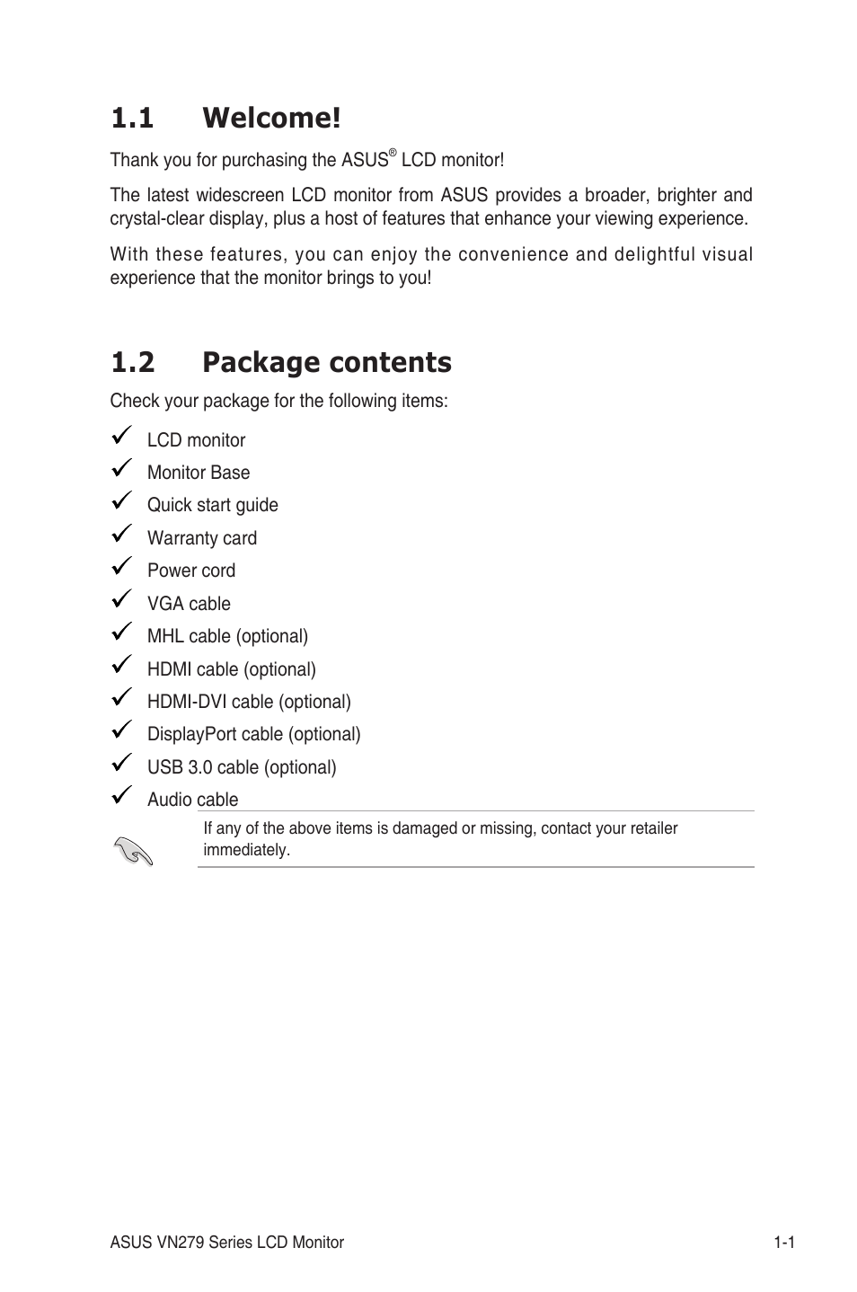 1 welcome, 2 package contents, Chapter.1:.....product.introduction | Welcome! -1, Package.contents -1 | Asus VN279QLB User Manual | Page 9 / 30