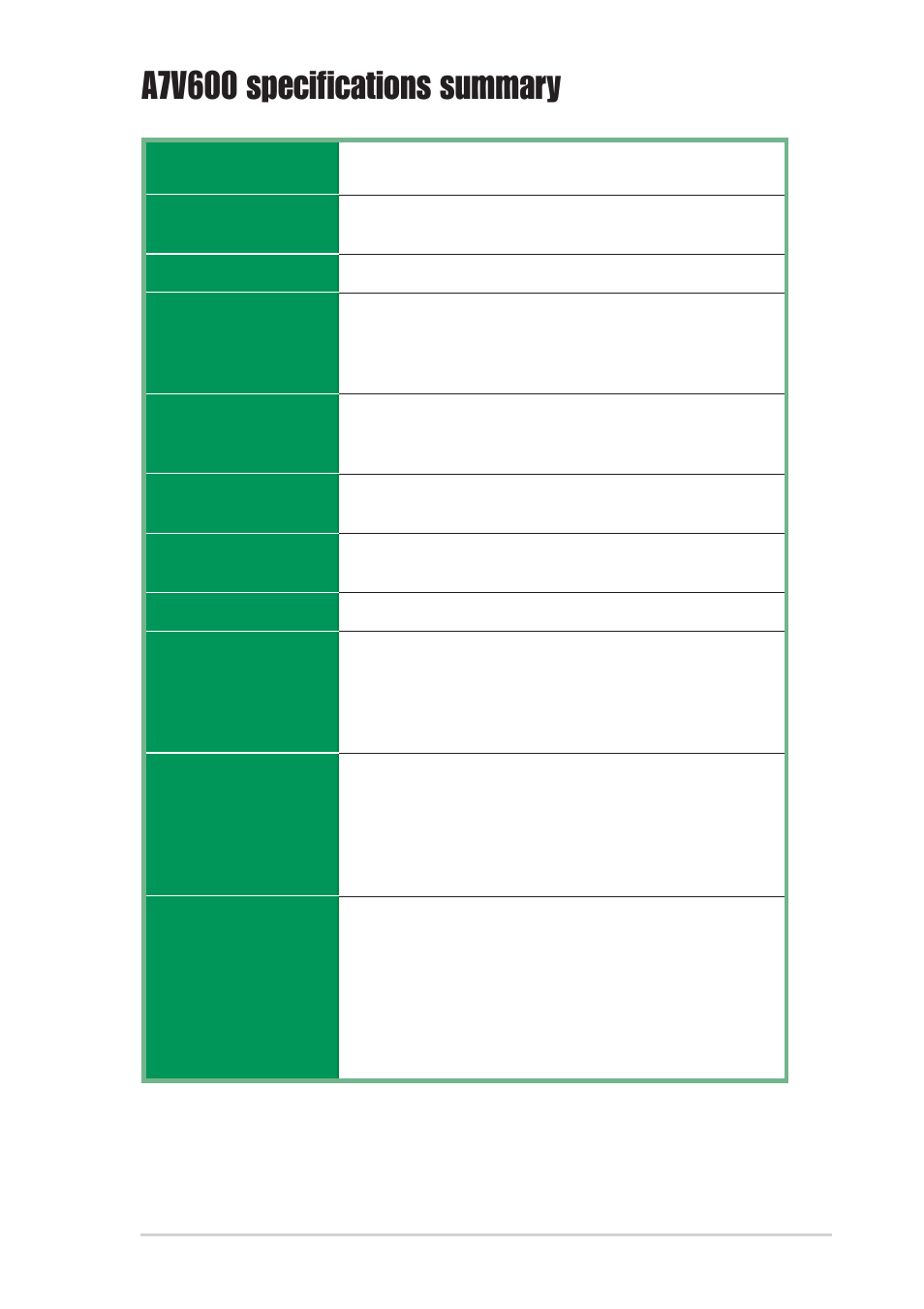 A7v600 specifications summary | Asus A7V600 User Manual | Page 9 / 82