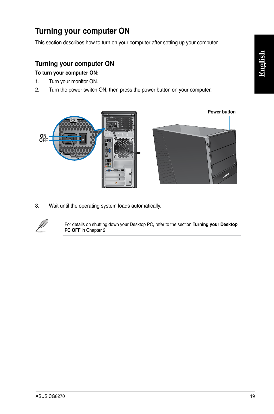 Turning your computer on, English, English turning your computer on | Asus CG8270 User Manual | Page 19 / 72