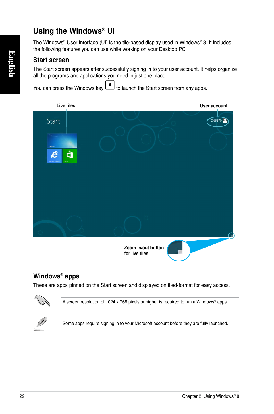 Using the windows® ui, Using the windows, English | English using the windows, Start screen, Windows, Apps | Asus CG8270 User Manual | Page 22 / 72