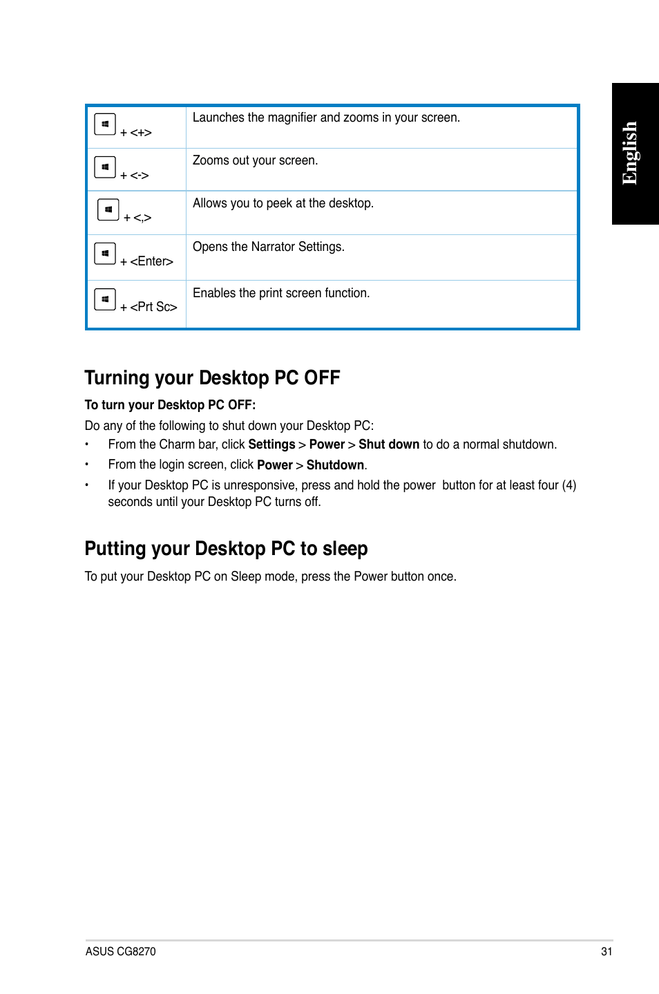 Turning your desktop pc off, Putting your desktop pc to sleep, English | Asus CG8270 User Manual | Page 31 / 72