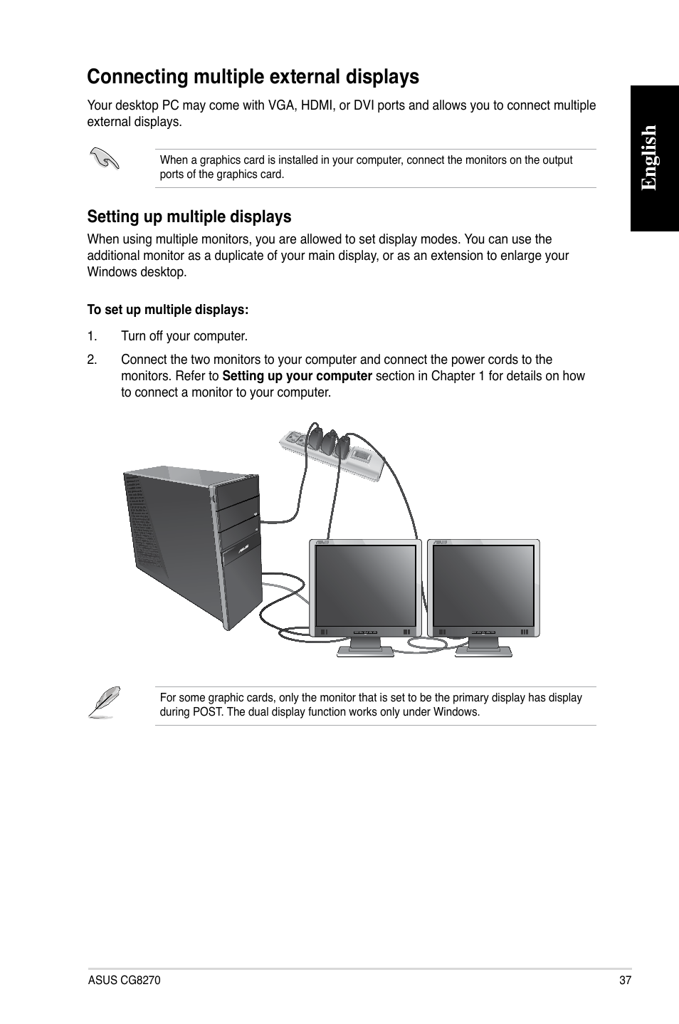 Connecting multiple external displays, English, English connecting multiple external displays | Setting up multiple displays | Asus CG8270 User Manual | Page 37 / 72