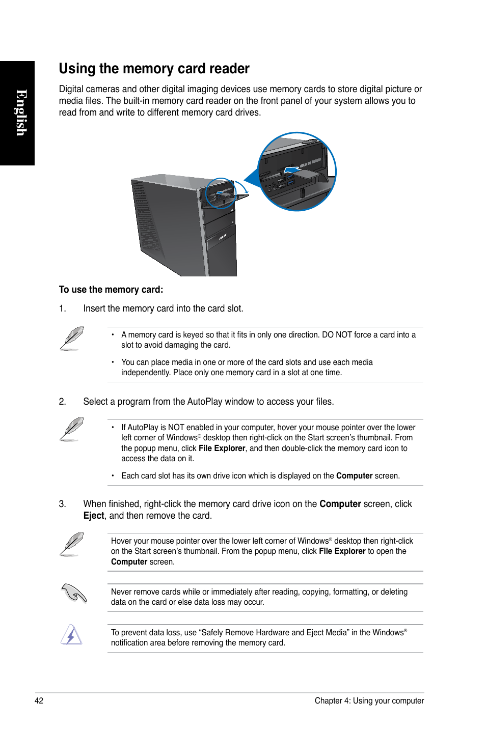 Using the memory card reader, English | Asus CG8270 User Manual | Page 42 / 72