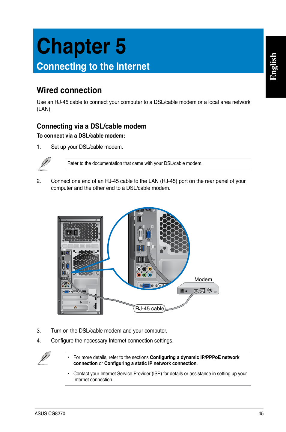 Chapter 5: connecting to the internet, Wired connection, Connecting to the internet | Chapter 5, English | Asus CG8270 User Manual | Page 45 / 72