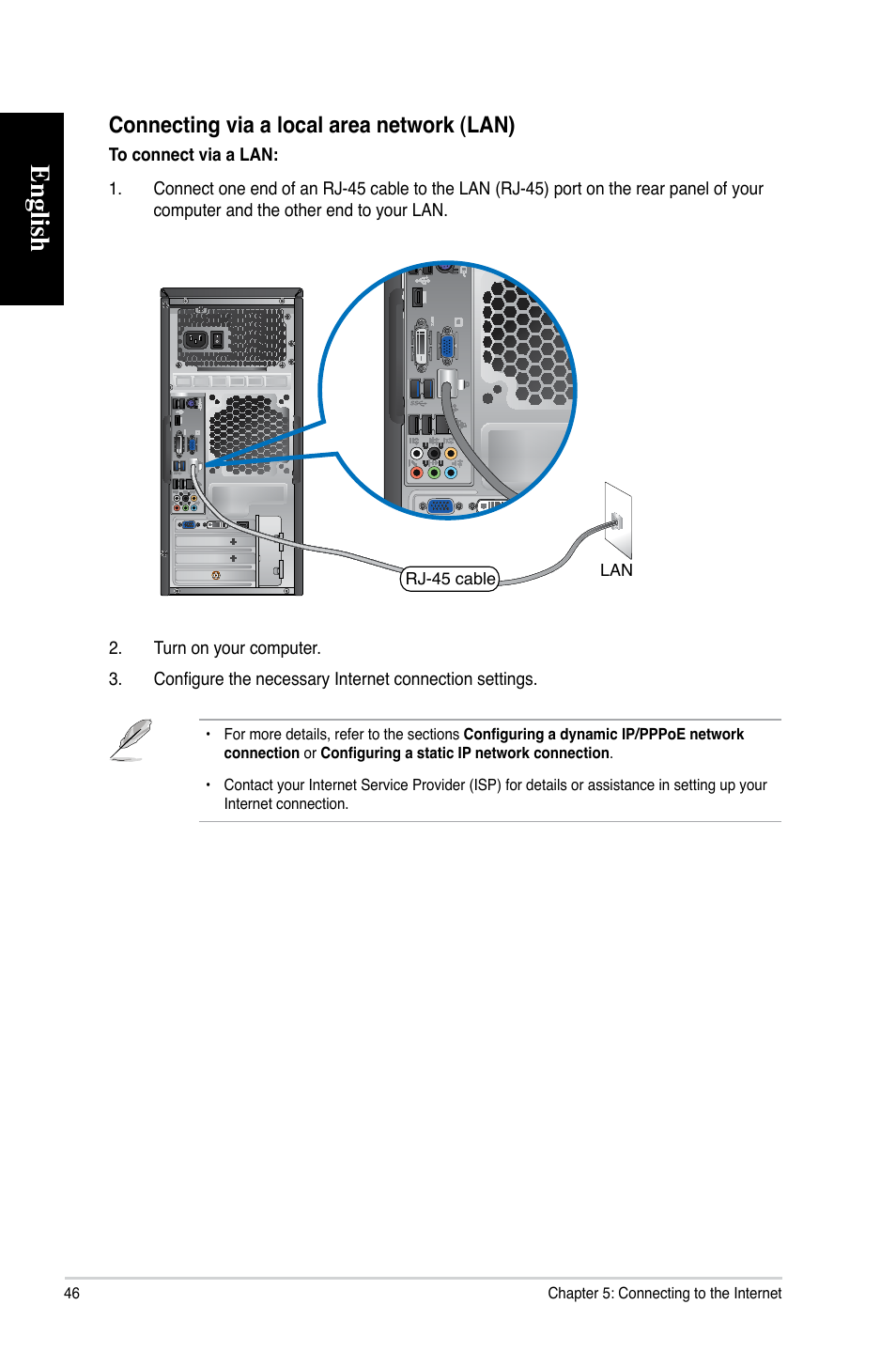 English, Connecting via a local area network (lan) | Asus CG8270 User Manual | Page 46 / 72