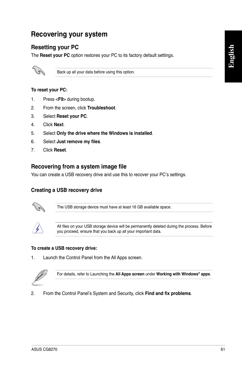 Recovering your system, English, English recovering your system | Resetting your pc, Recovering from a system image file | Asus CG8270 User Manual | Page 61 / 72