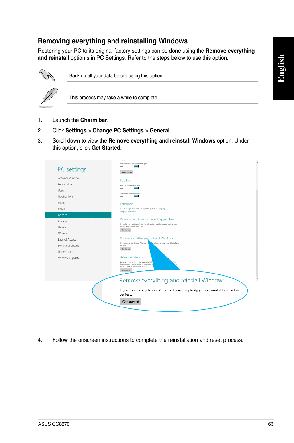 English, Removing everything and reinstalling windows | Asus CG8270 User Manual | Page 63 / 72