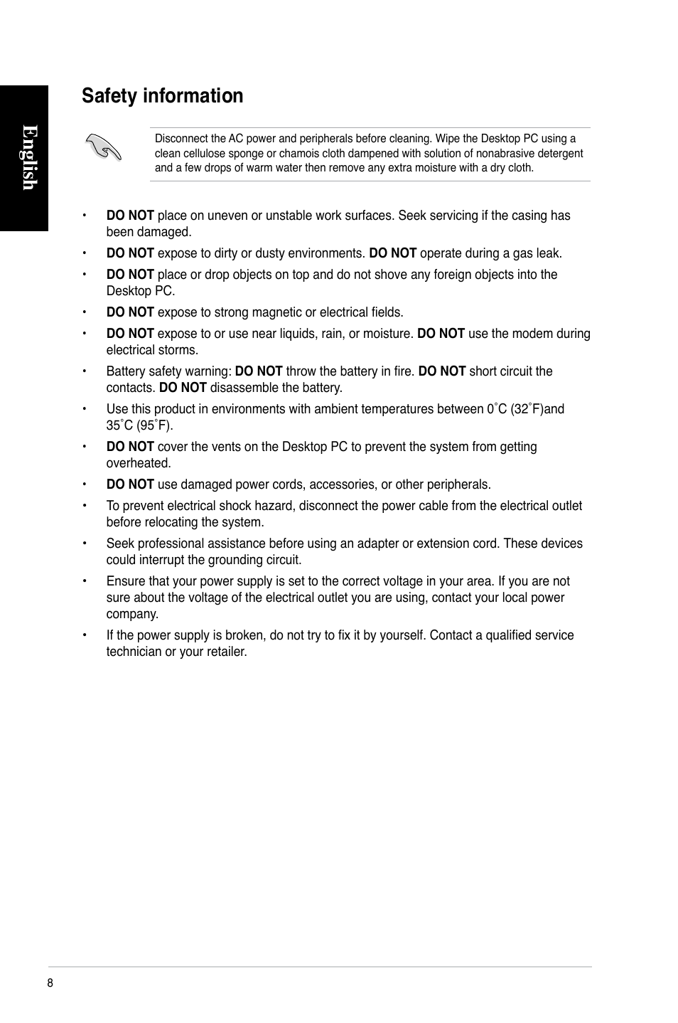 Safety information, English, English safety information | Asus CG8270 User Manual | Page 8 / 72