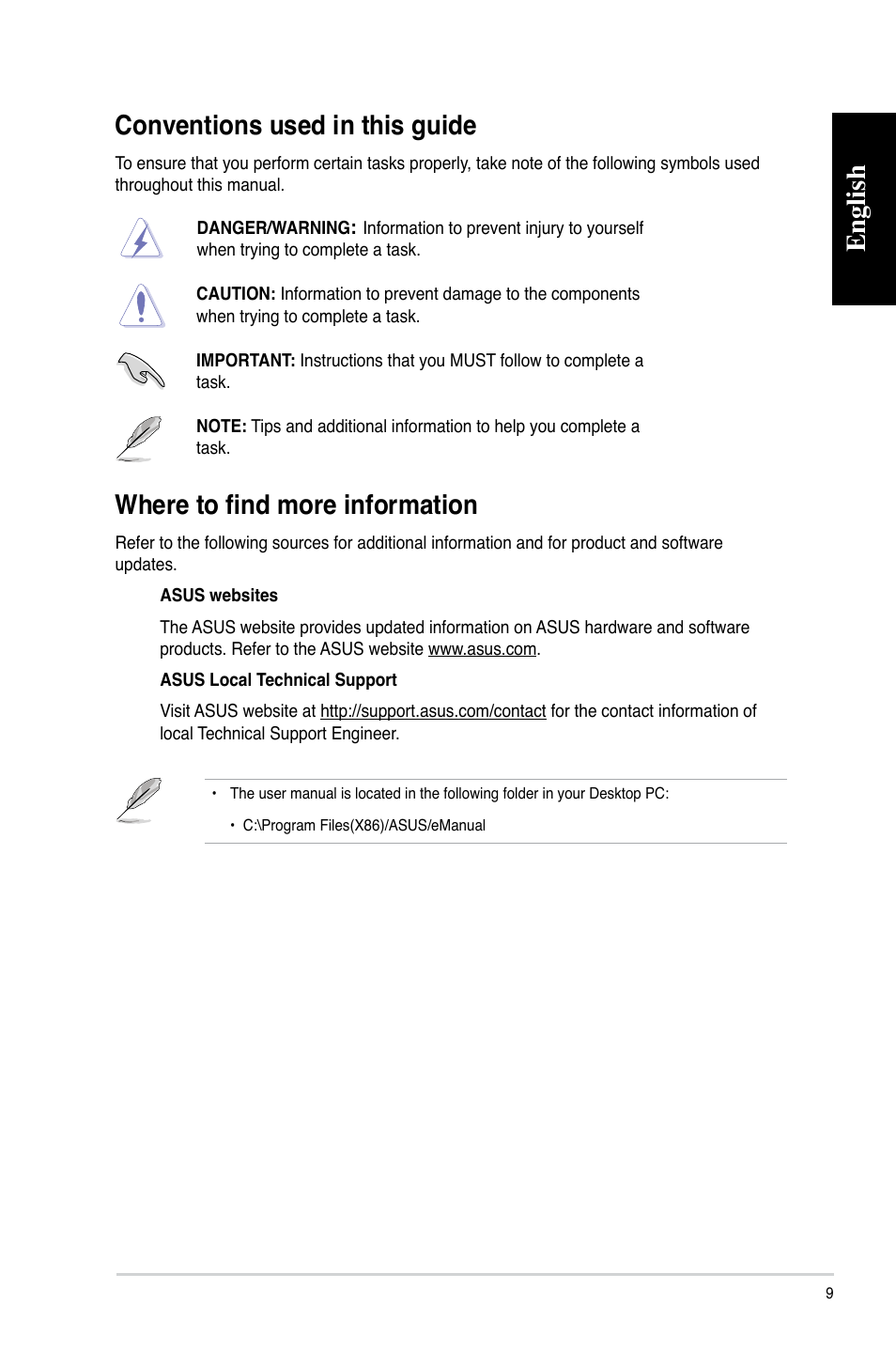 Conventions used in this guide, Where to find more information, English | English conventions used in this guide | Asus CG8270 User Manual | Page 9 / 72