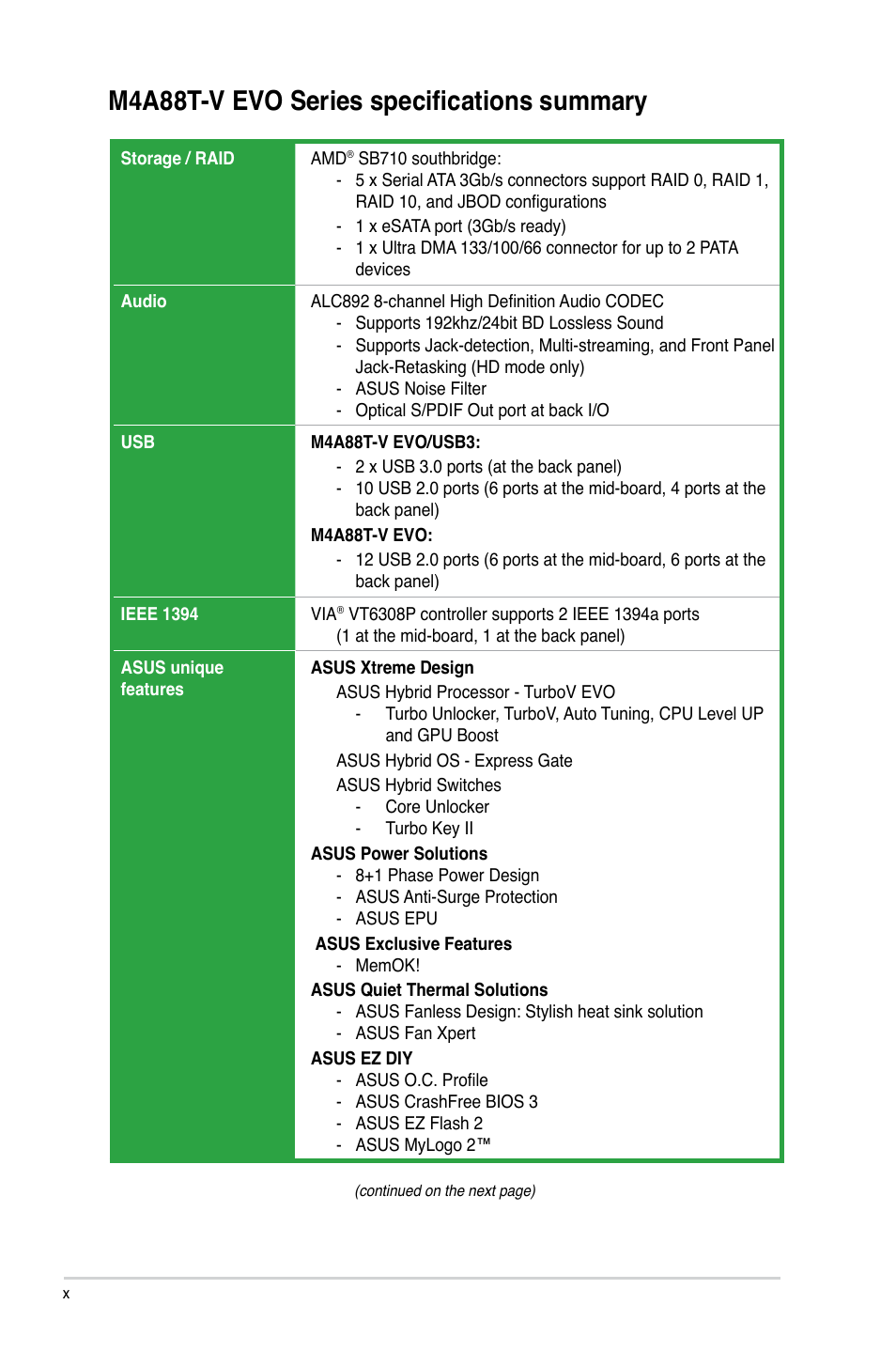 M4a88t-v evo series specifications summary | Asus M4A88T-V EVO/USB3 User Manual | Page 10 / 84