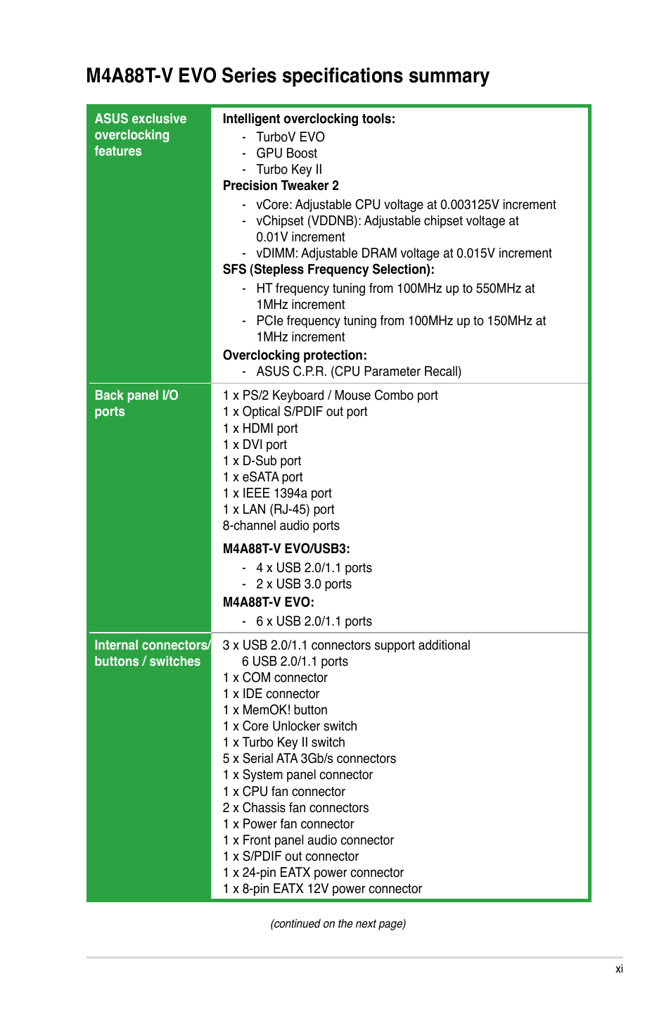 M4a88t-v evo series specifications summary | Asus M4A88T-V EVO/USB3 User Manual | Page 11 / 84