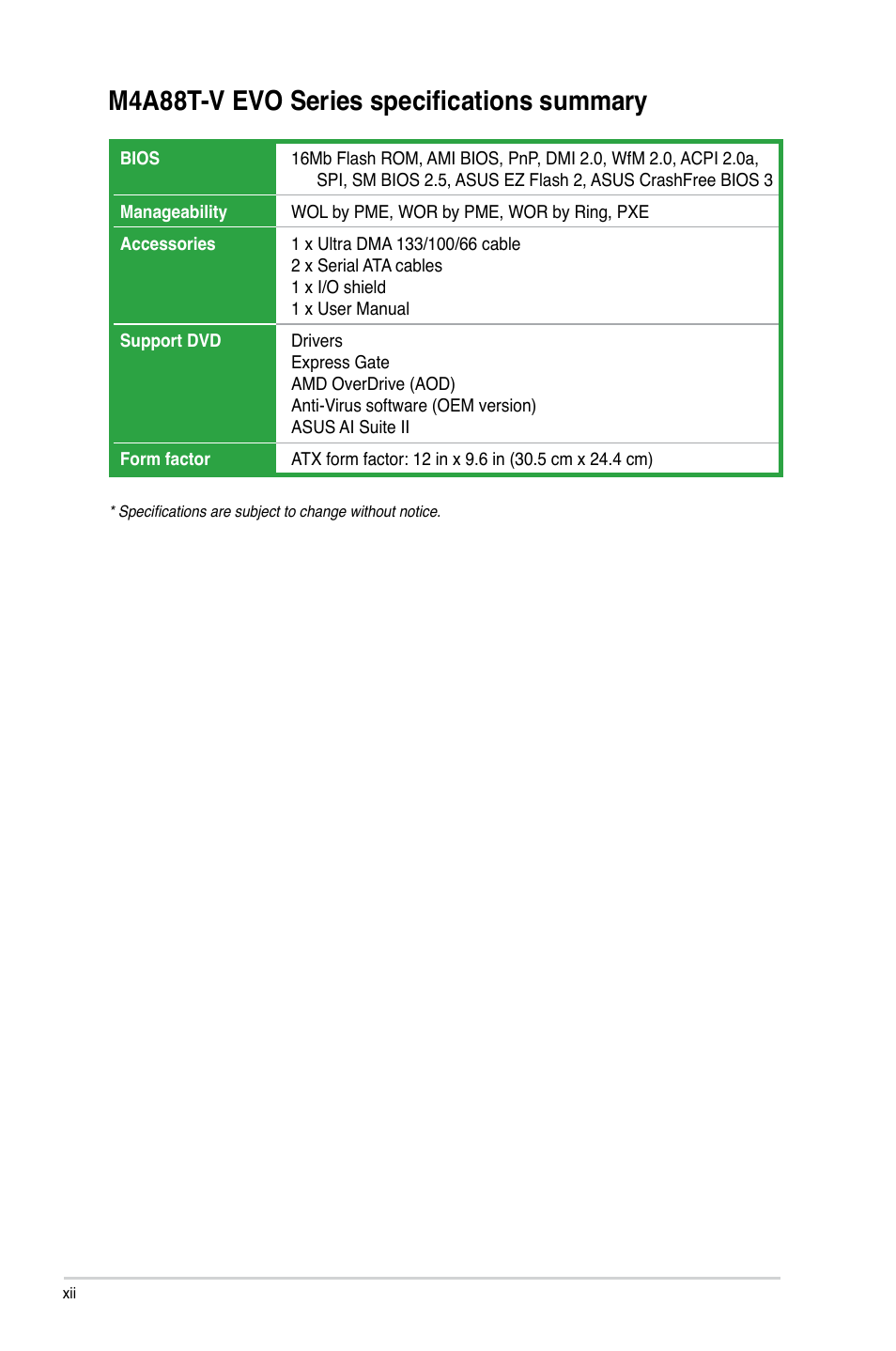 M4a88t-v evo series specifications summary | Asus M4A88T-V EVO/USB3 User Manual | Page 12 / 84