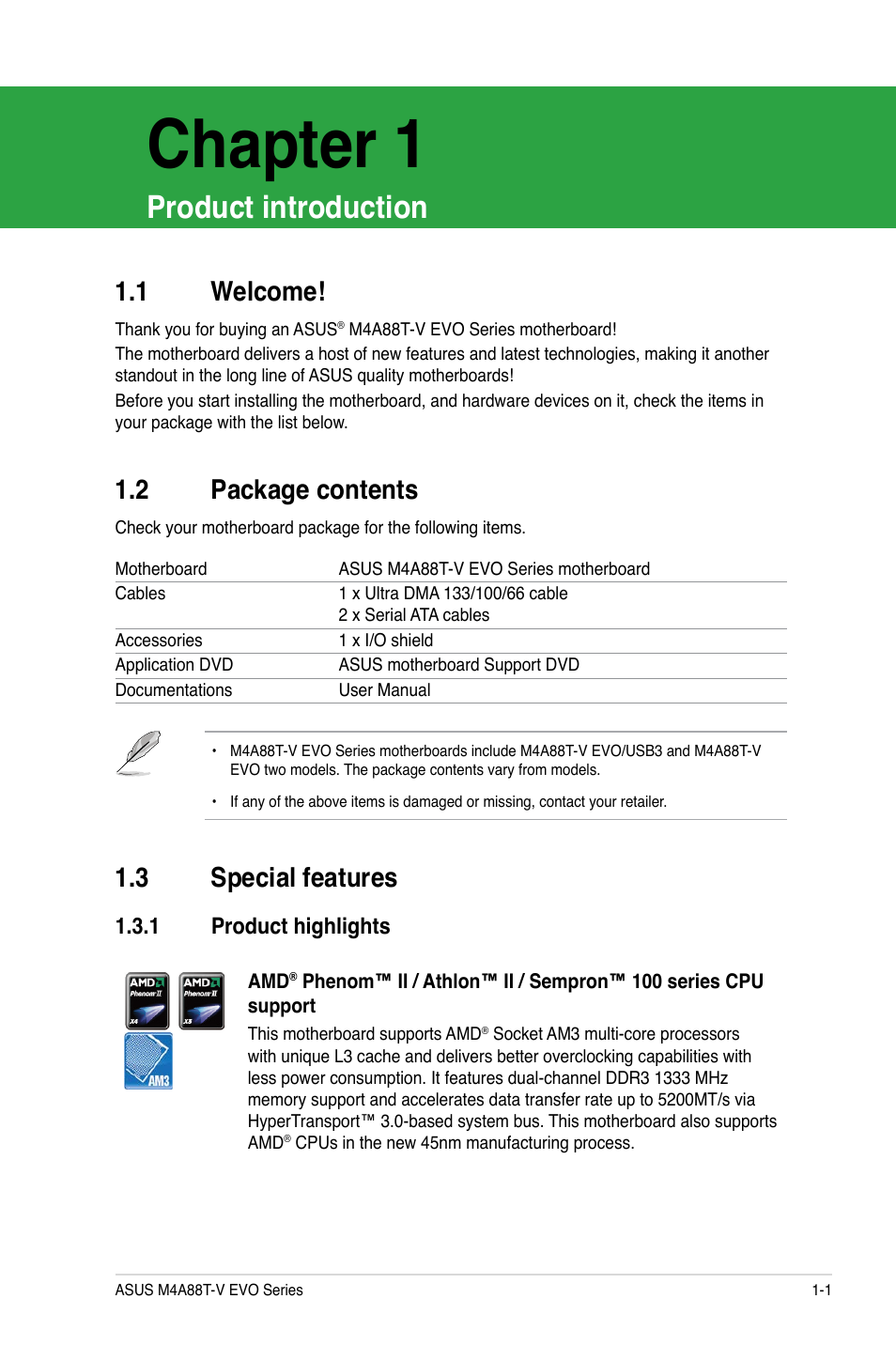 Chapter 1, Product introduction, 1 welcome | 2 package contents, 3 special features, 1 product highlights, Welcome! -1, Package contents -1, Special features -1 1.3.1, Product highlights -1 | Asus M4A88T-V EVO/USB3 User Manual | Page 13 / 84