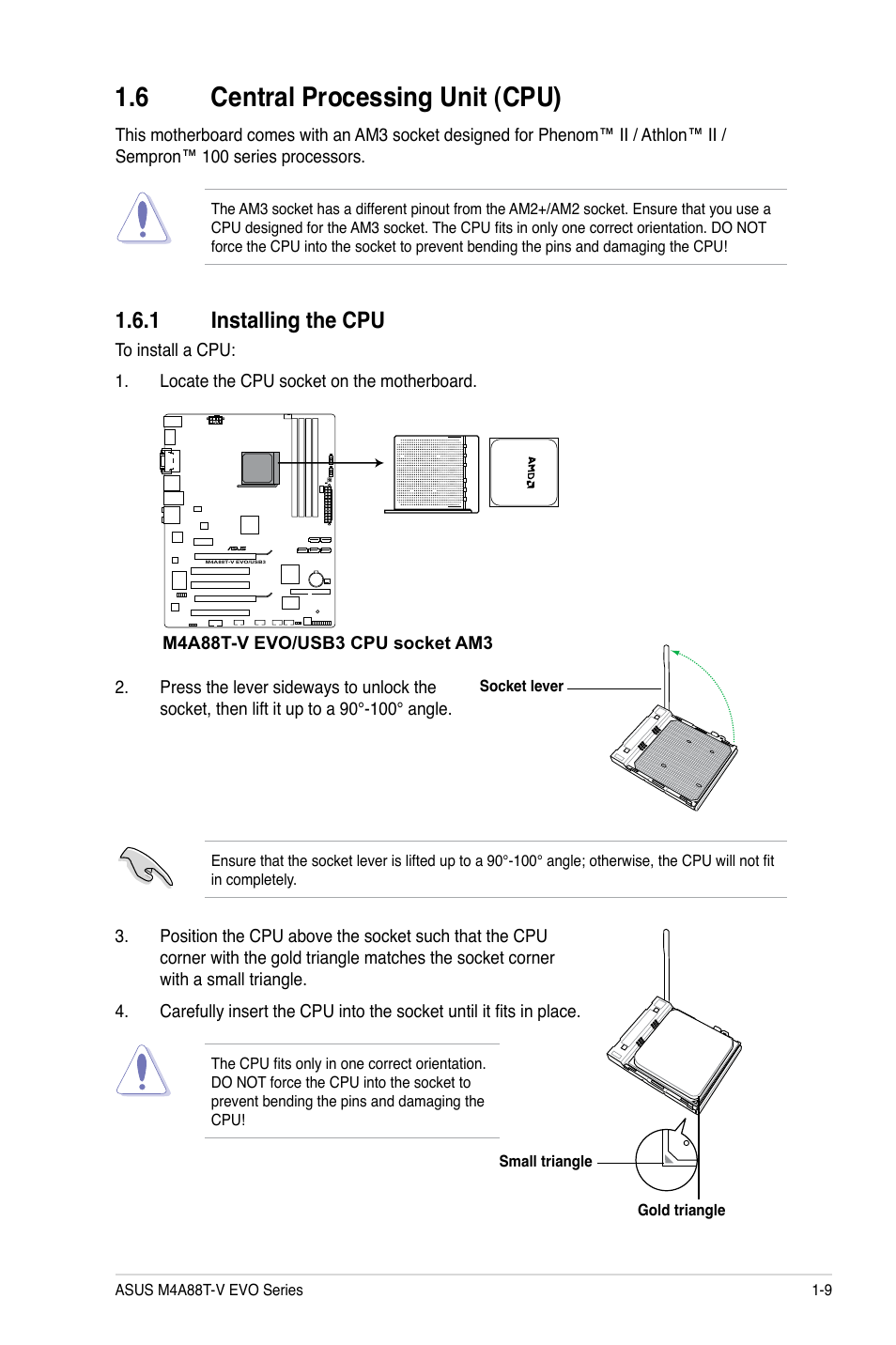 6 central processing unit (cpu), 1 installing the cpu, Central processing unit (cpu) -9 1.6.1 | Installing the cpu -9 | Asus M4A88T-V EVO/USB3 User Manual | Page 21 / 84