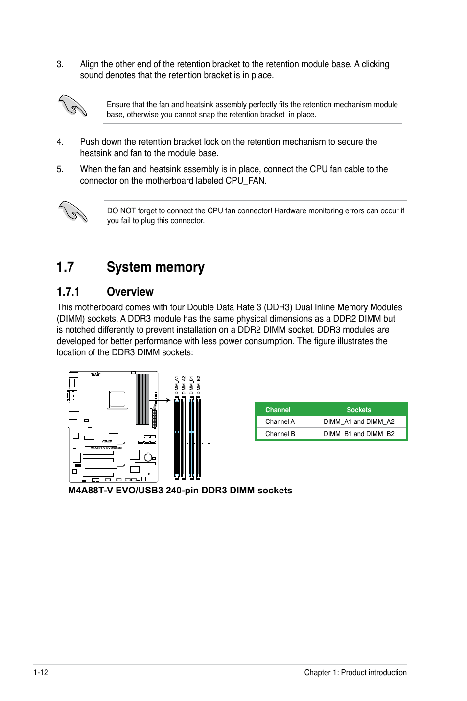 7 system memory, 1 overview, System memory -12 1.7.1 | Overview -12 | Asus M4A88T-V EVO/USB3 User Manual | Page 24 / 84