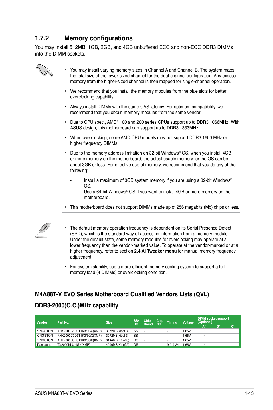 2 memory configurations, Memory configurations -13 | Asus M4A88T-V EVO/USB3 User Manual | Page 25 / 84