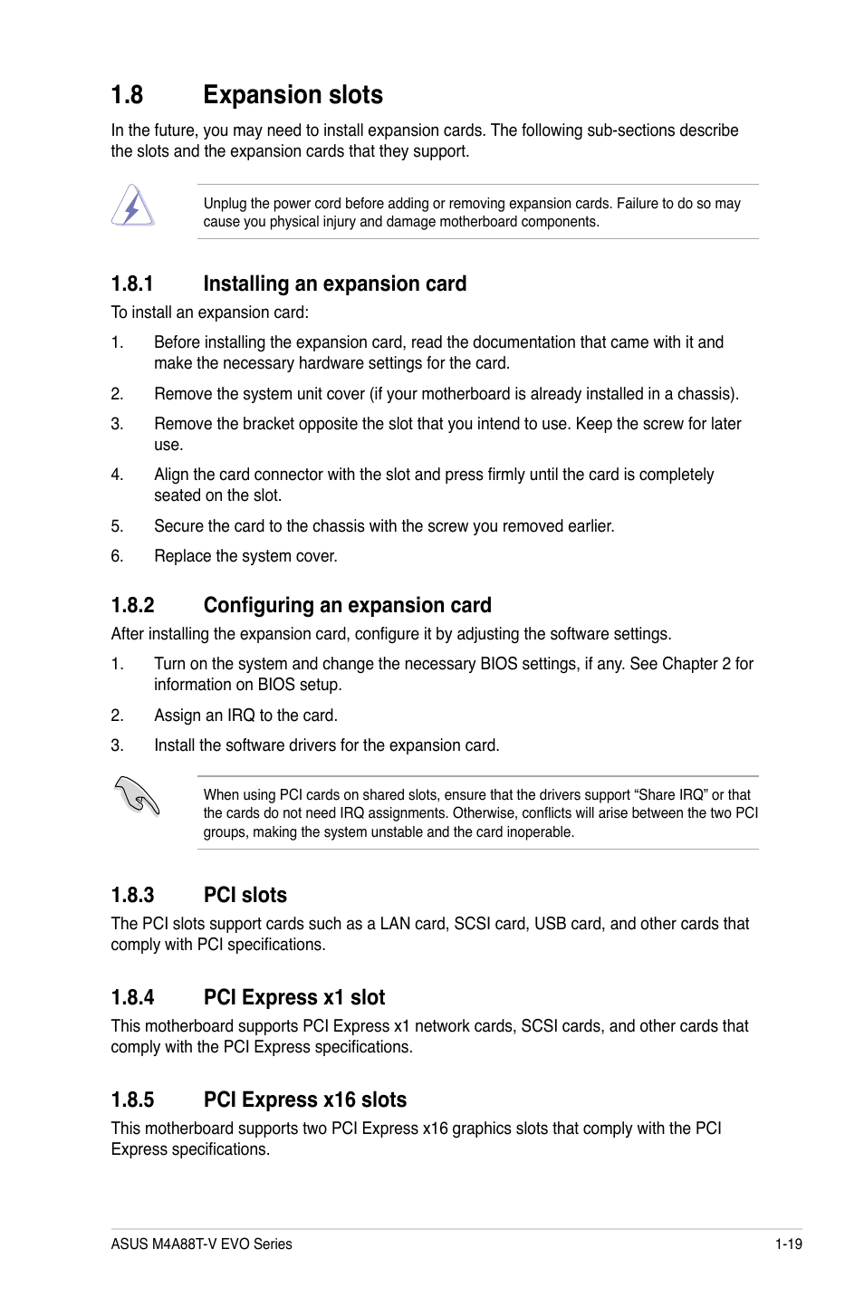 8 expansion slots, 1 installing an expansion card, 2 configuring an expansion card | 3 pci slots, 4 pci express x1 slot, 5 pci express x16 slots, Expansion slots -19 1.8.1, Installing an expansion card -19, Configuring an expansion card -19, Pci slots -19 | Asus M4A88T-V EVO/USB3 User Manual | Page 31 / 84