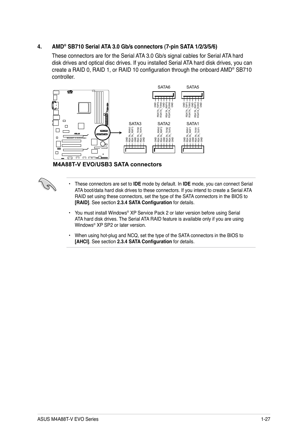 Sb710 controller, M4a88t-v evo/usb3 sata connectors | Asus M4A88T-V EVO/USB3 User Manual | Page 39 / 84