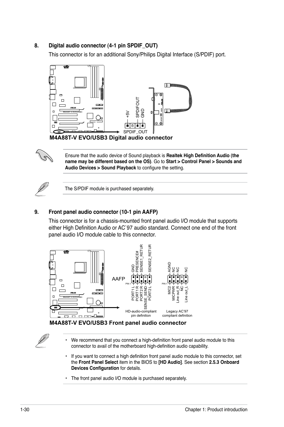 M4a88t-v evo/usb3 front panel audio connector, M4a88t-v evo/usb3 digital audio connector | Asus M4A88T-V EVO/USB3 User Manual | Page 42 / 84