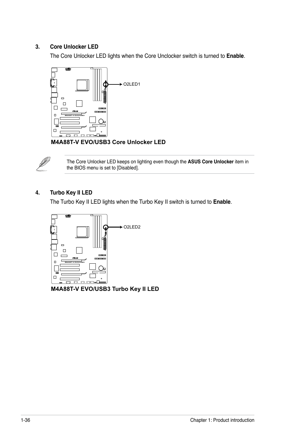 M4a88t-v evo/usb3 core unlocker led, M4a88t-v evo/usb3 turbo key ii led | Asus M4A88T-V EVO/USB3 User Manual | Page 48 / 84