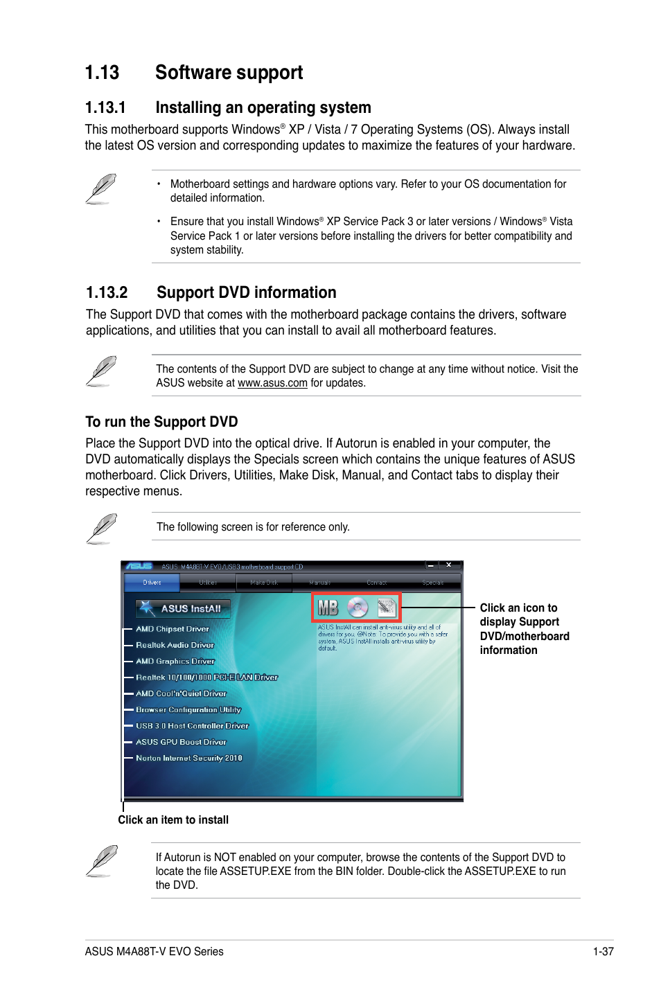 13 software support, 1 installing an operating system, 2 support dvd information | 13 software support -37 | Asus M4A88T-V EVO/USB3 User Manual | Page 49 / 84