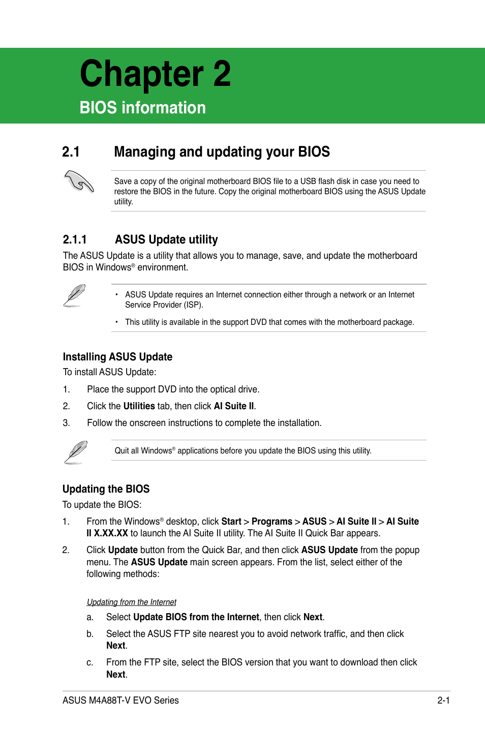 Chapter 2, Bios information, 1 managing and updating your bios | 1 asus update utility, Managing and updating your bios -1 2.1.1, Asus update utility -1 | Asus M4A88T-V EVO/USB3 User Manual | Page 51 / 84