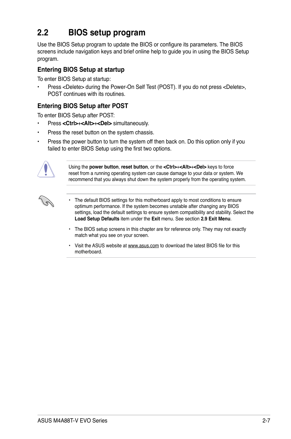2 bios setup program, Bios setup program -7 | Asus M4A88T-V EVO/USB3 User Manual | Page 57 / 84