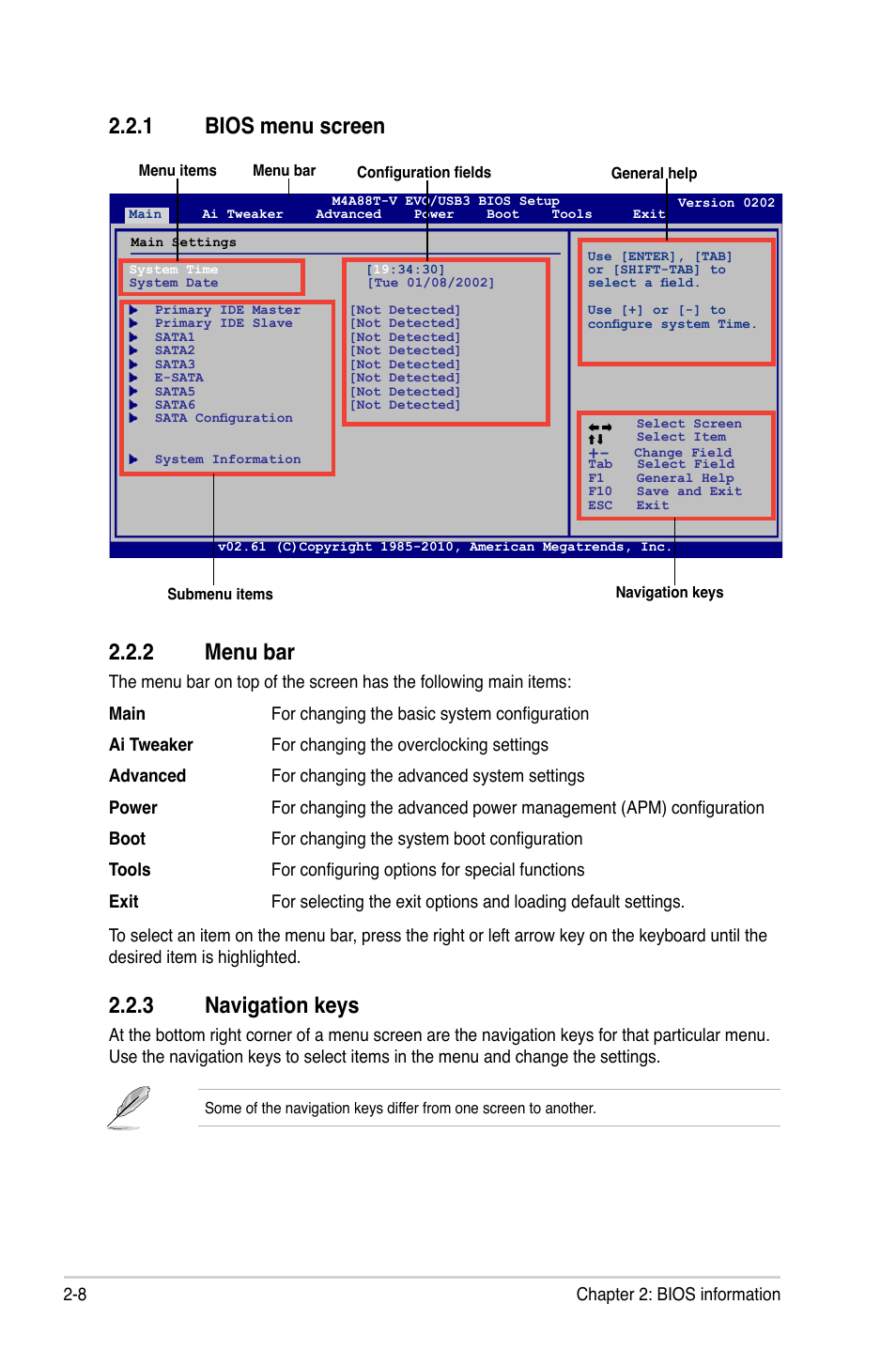 1 bios menu screen, 2 menu bar, 3 navigation keys | Bios menu screen -8, Menu bar -8, Navigation keys -8, 1 bios menu screen 2.2.2 menu bar | Asus M4A88T-V EVO/USB3 User Manual | Page 58 / 84