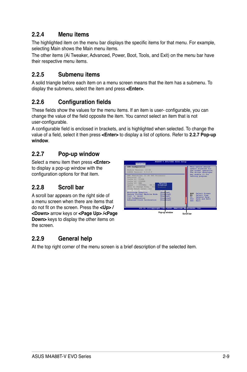 4 menu items, 5 submenu items, 6 configuration fields | 7 pop-up window, 8 scroll bar, 9 general help, Menu items -9, Submenu items -9, Configuration fields -9, Pop-up window -9 | Asus M4A88T-V EVO/USB3 User Manual | Page 59 / 84