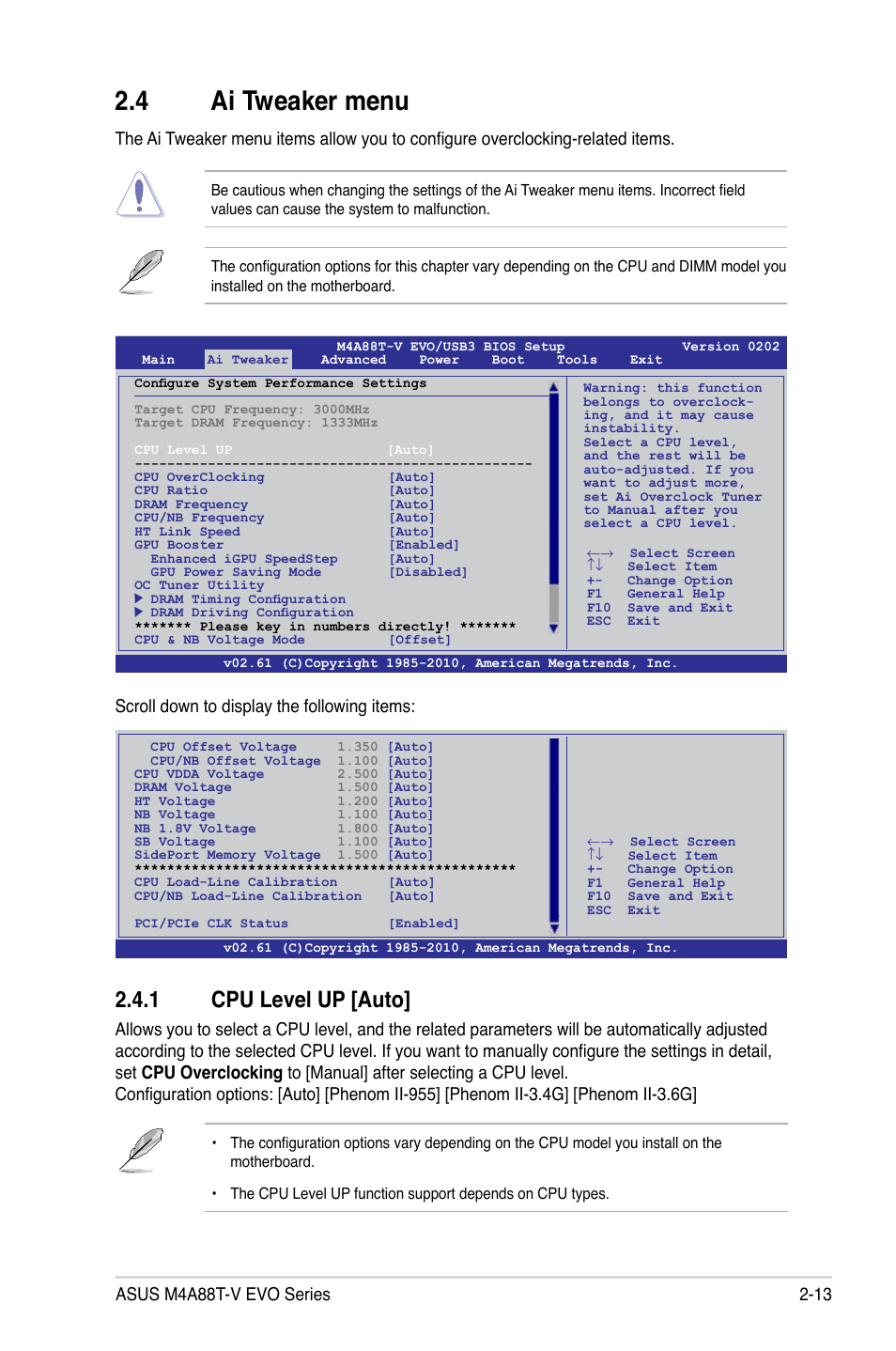 4 ai tweaker menu, 1 cpu level up, Ai tweaker menu -13 2.4.1 | Cpu level up -13, 1 cpu level up [auto, Scroll down to display the following items | Asus M4A88T-V EVO/USB3 User Manual | Page 63 / 84