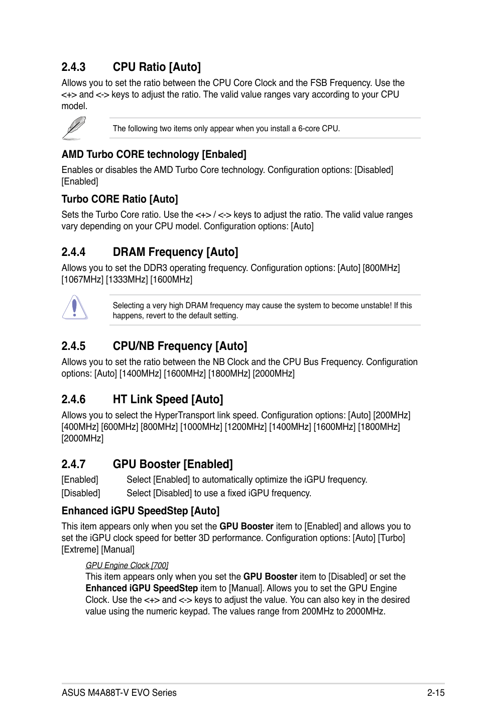 3 cpu ratio, 4 dram frequency, 5 cpu/nb frequency | 6 ht link speed, 7 gpu booster, Cpu ratio -15, Dram frequency -15, Cpu/nb frequency -15, Ht link speed -15, Gpu booster -15 | Asus M4A88T-V EVO/USB3 User Manual | Page 65 / 84