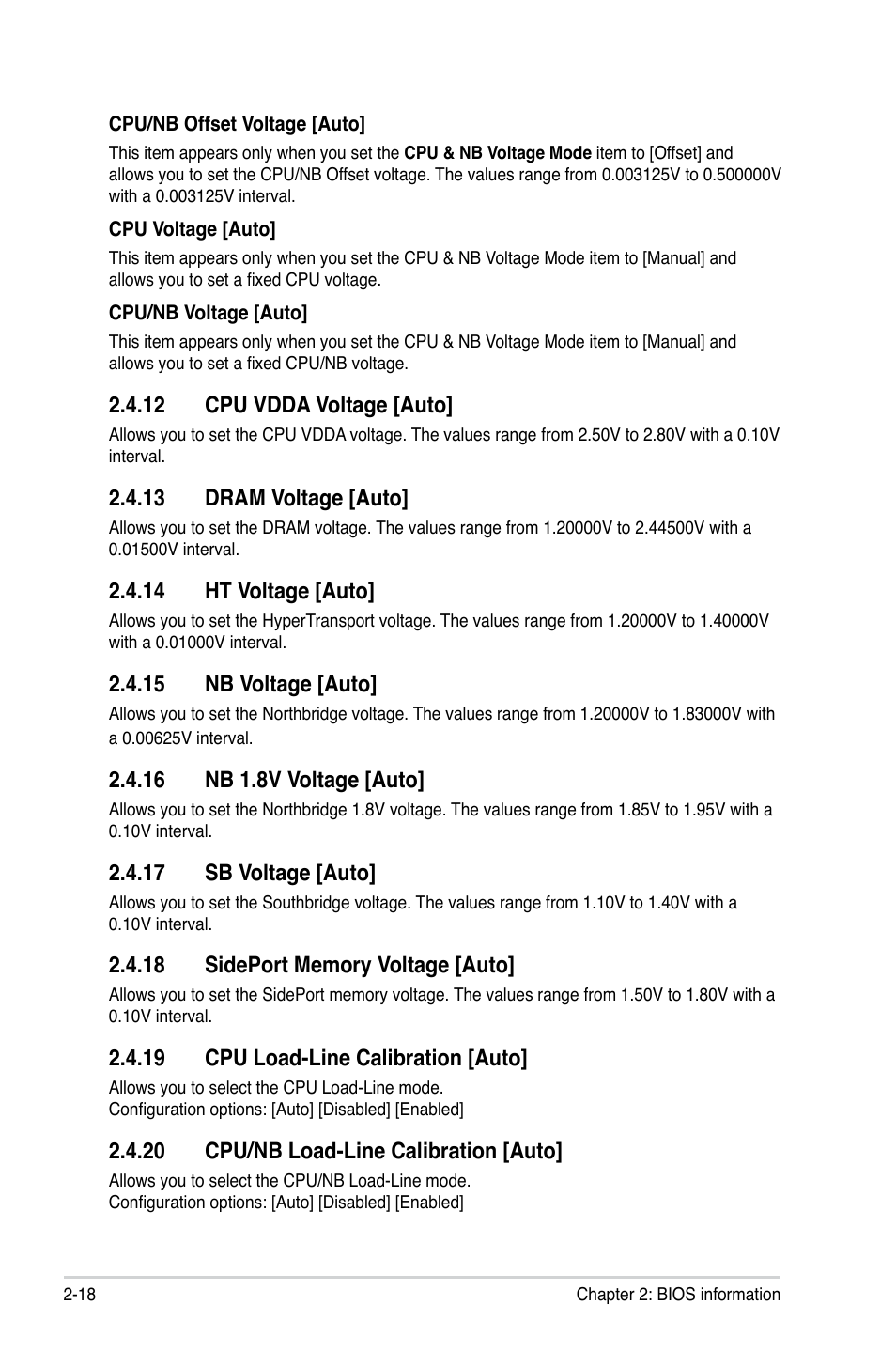 12 cpu vdda voltage, 13 dram voltage, 14 ht voltage | 15 nb voltage, 16 nb 1.8v voltage, 17 sb voltage, 18 sideport memory voltage, 19 cpu load-line calibration, 20 cpu/nb load-line calibration | Asus M4A88T-V EVO/USB3 User Manual | Page 68 / 84