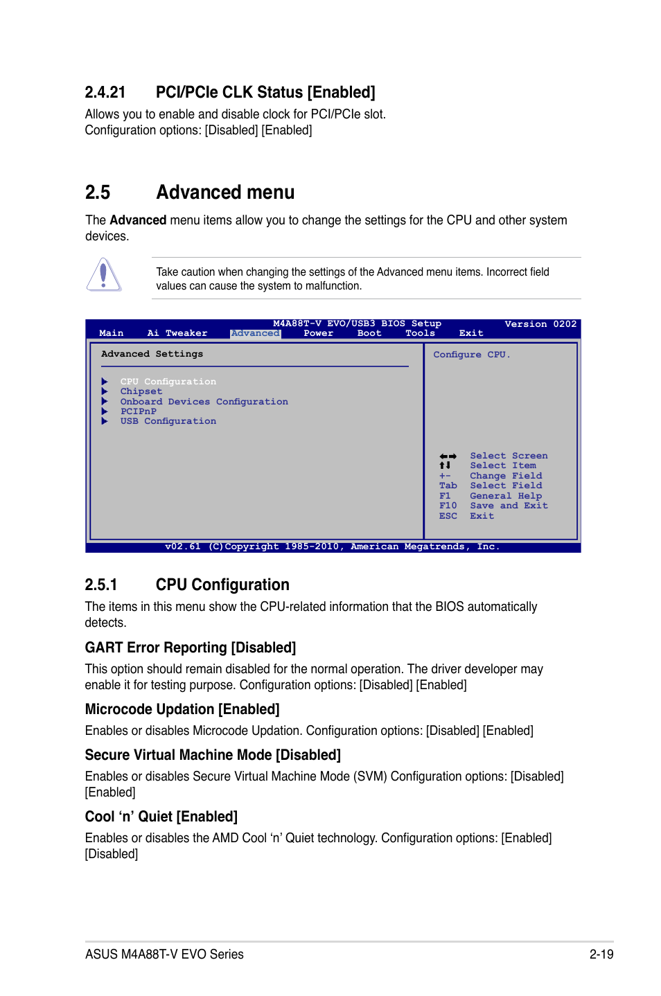 21 pci/pcie clk status, 5 advanced menu, 1 cpu configuration | 21 pci/pcie clk status -19, Advanced menu -19 2.5.1, Cpu configuration -19, 21 pci/pcie clk status [enabled | Asus M4A88T-V EVO/USB3 User Manual | Page 69 / 84