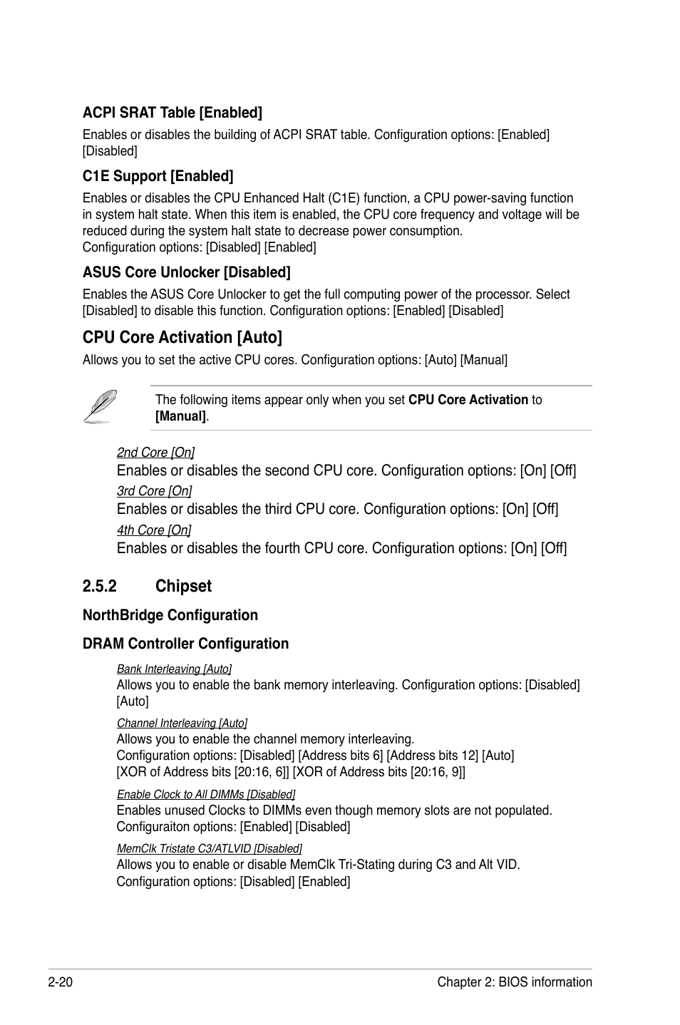 2 chipset, Chipset -20, Cpu core activation [auto | Asus M4A88T-V EVO/USB3 User Manual | Page 70 / 84