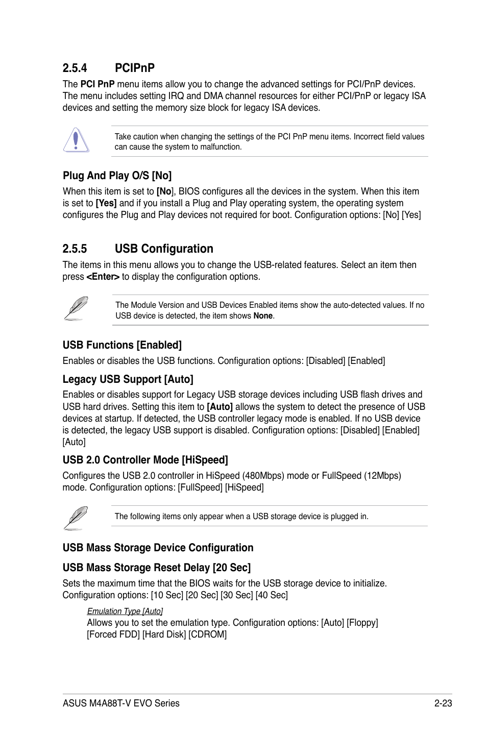 4 pcipnp, 5 usb configuration, Pcipnp -23 | Usb configuration -23 | Asus M4A88T-V EVO/USB3 User Manual | Page 73 / 84