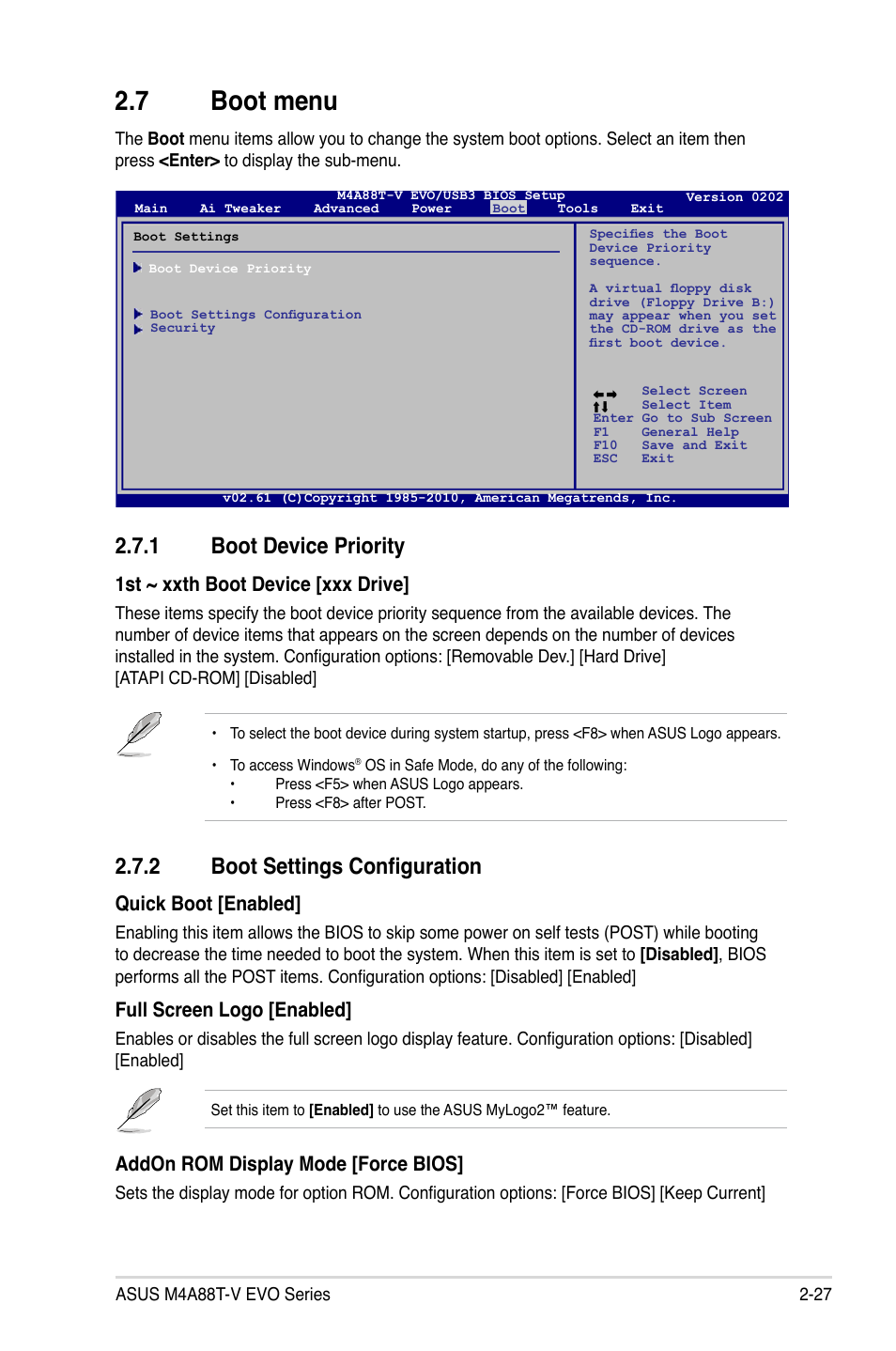 7 boot menu, 1 boot device priority, 2 boot settings configuration | Boot menu -27 2.7.1, Boot device priority -27, Boot settings configuration -27, 1st ~ xxth boot device [xxx drive, Quick boot [enabled, Full screen logo [enabled, Addon rom display mode [force bios | Asus M4A88T-V EVO/USB3 User Manual | Page 77 / 84