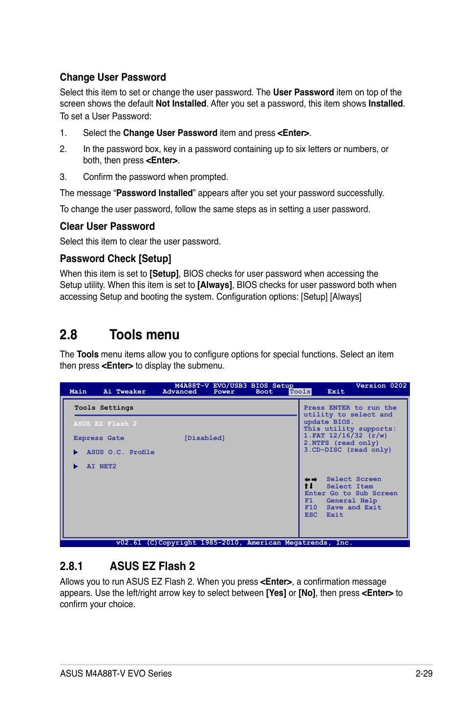 8 tools menu, 1 asus ez flash 2, Tools menu -29 2.8.1 | Asus ez flash 2 -29, Change user password, Clear user password, Password check [setup | Asus M4A88T-V EVO/USB3 User Manual | Page 79 / 84
