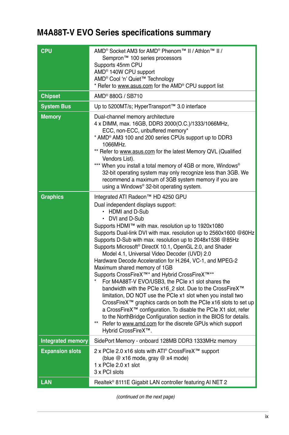 M4a88t-v evo series specifications summary | Asus M4A88T-V EVO/USB3 User Manual | Page 9 / 84