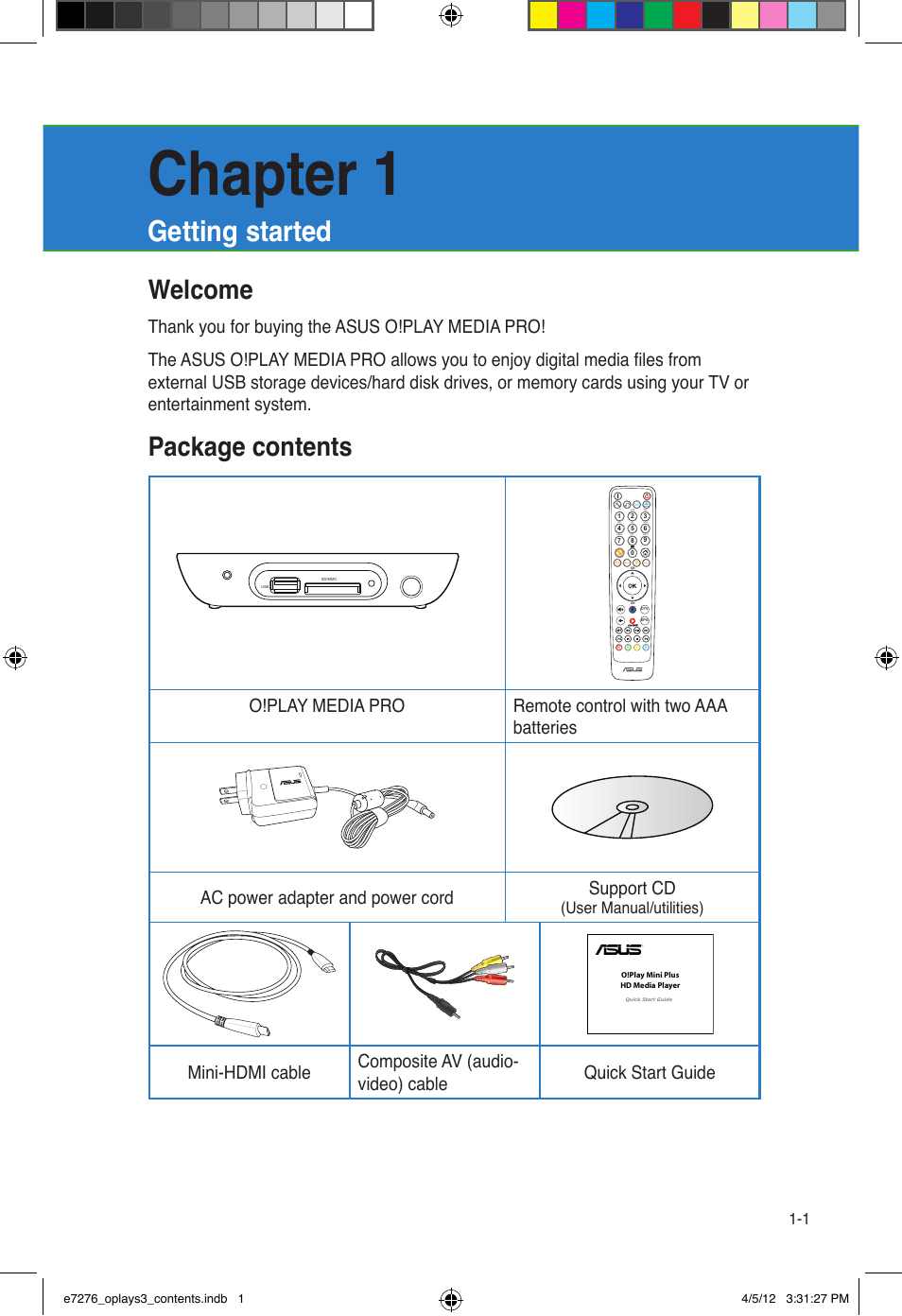 Chapter 1, Getting started, Welcome | Package contents, User manual/utilities) | Asus O!Play Media Pro User Manual | Page 11 / 72