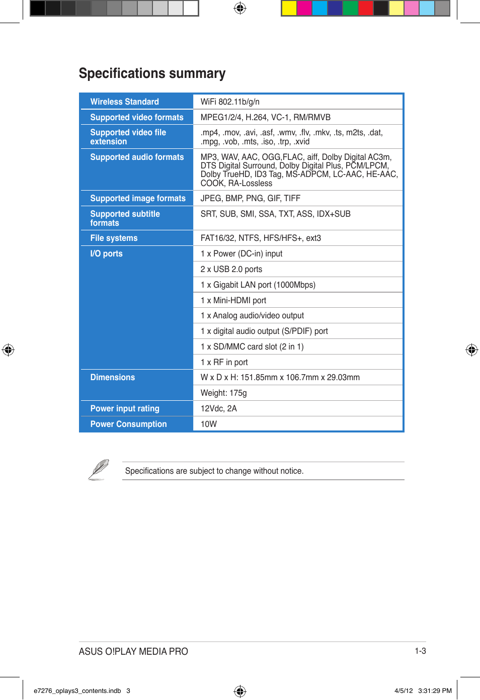 Specifications summary | Asus O!Play Media Pro User Manual | Page 13 / 72