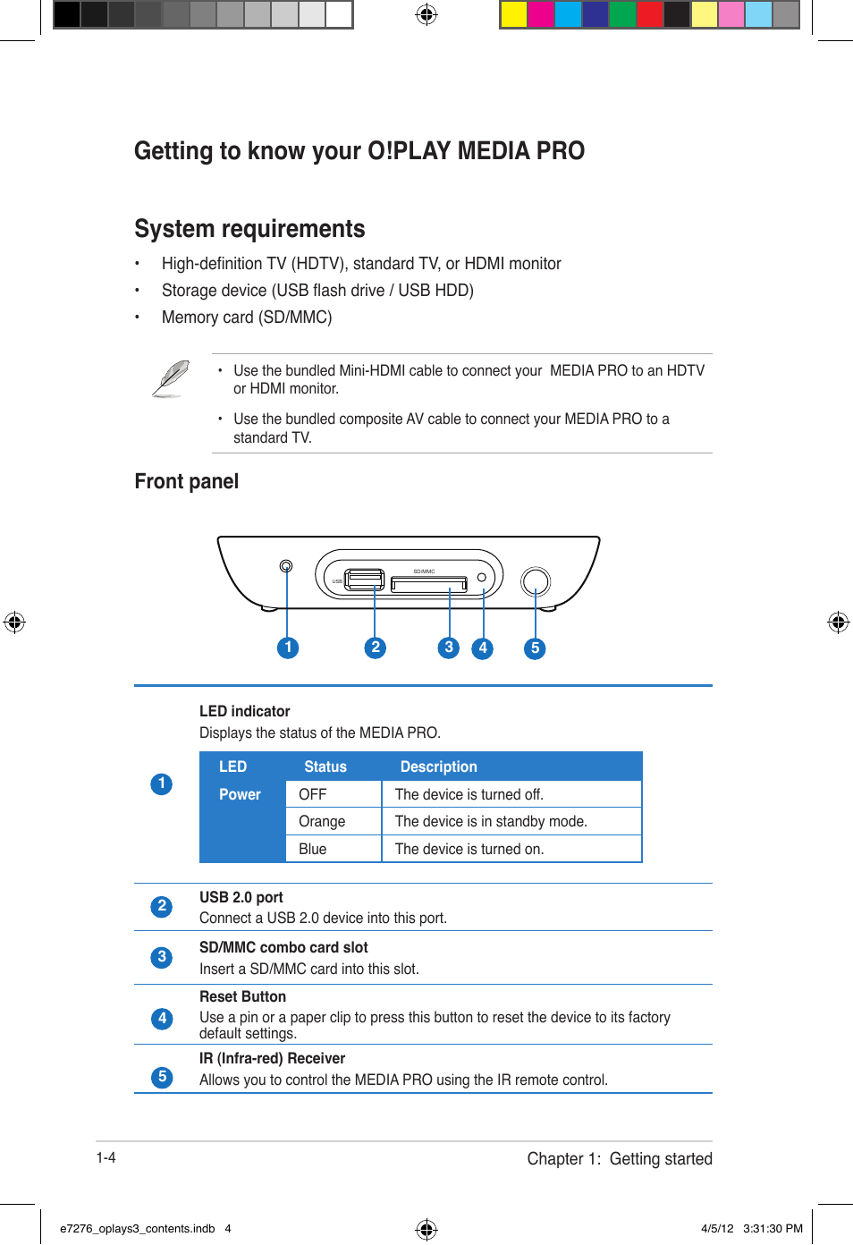 Front panel | Asus O!Play Media Pro User Manual | Page 14 / 72