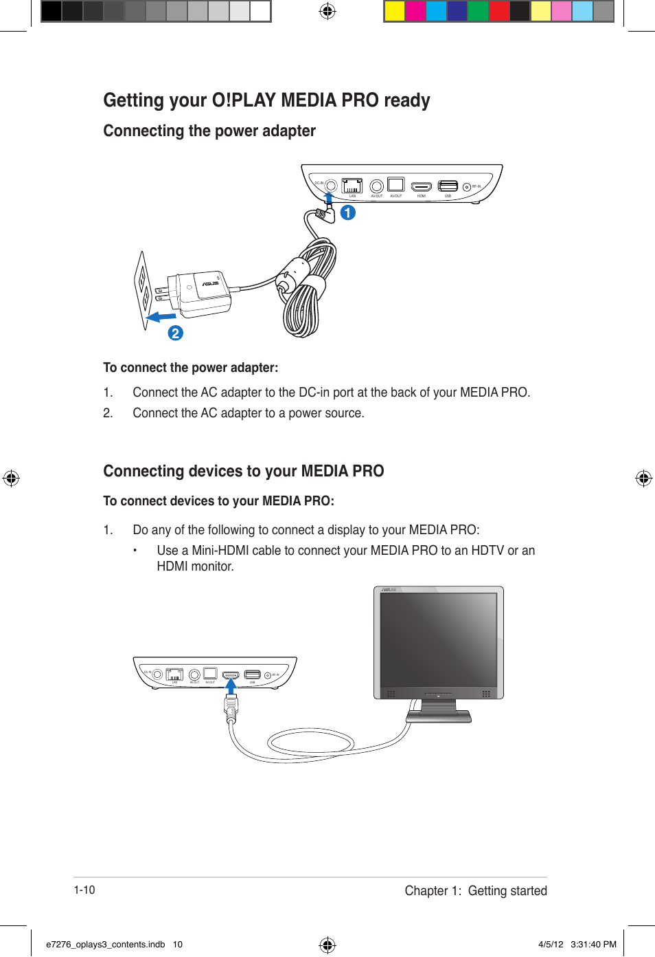 Getting your o!play media pro ready, Connecting the power adapter, Connecting devices to your media pro | Chapter 1: getting started | Asus O!Play Media Pro User Manual | Page 20 / 72