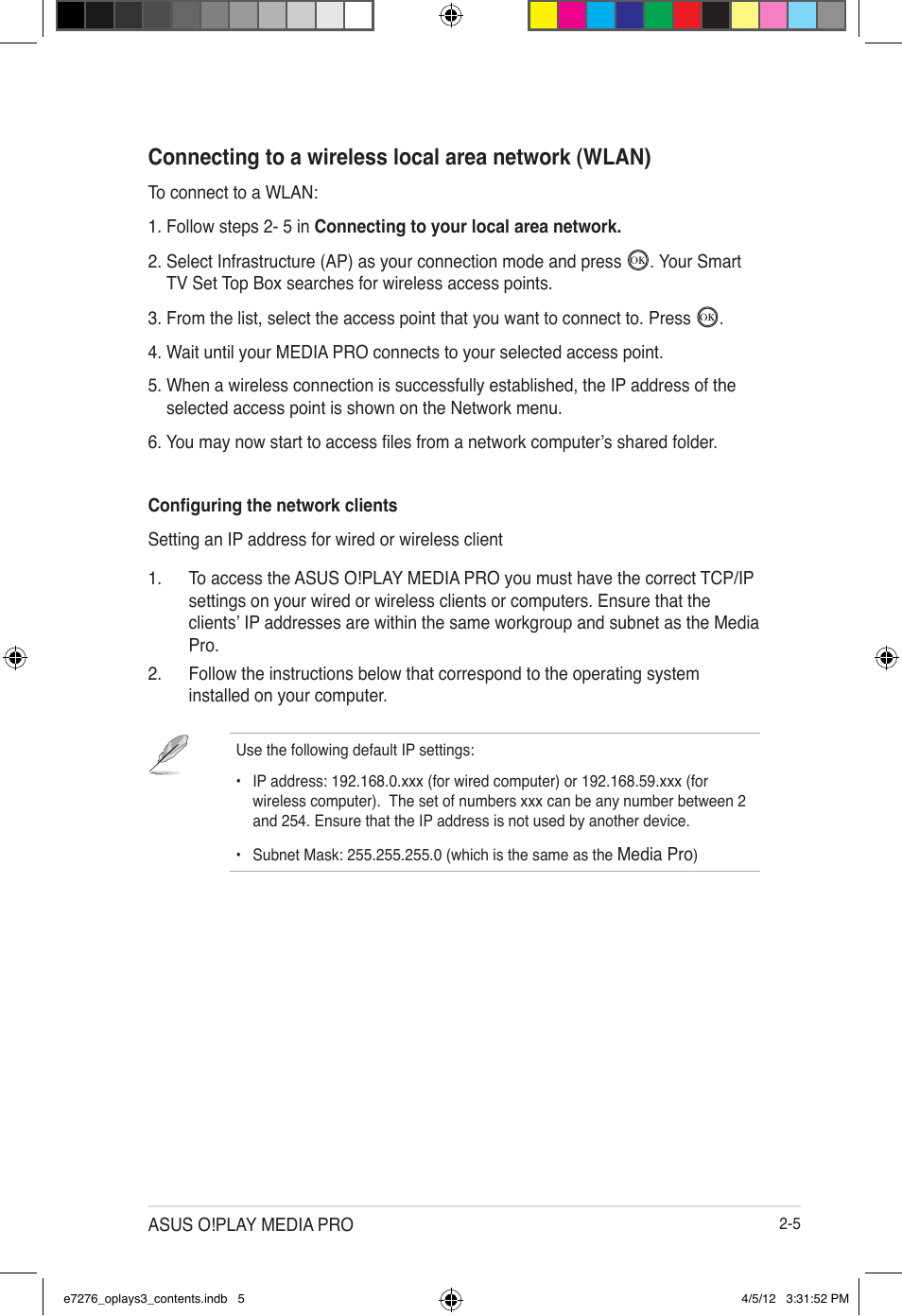 Connecting to a wireless local area network (wlan) | Asus O!Play Media Pro User Manual | Page 29 / 72