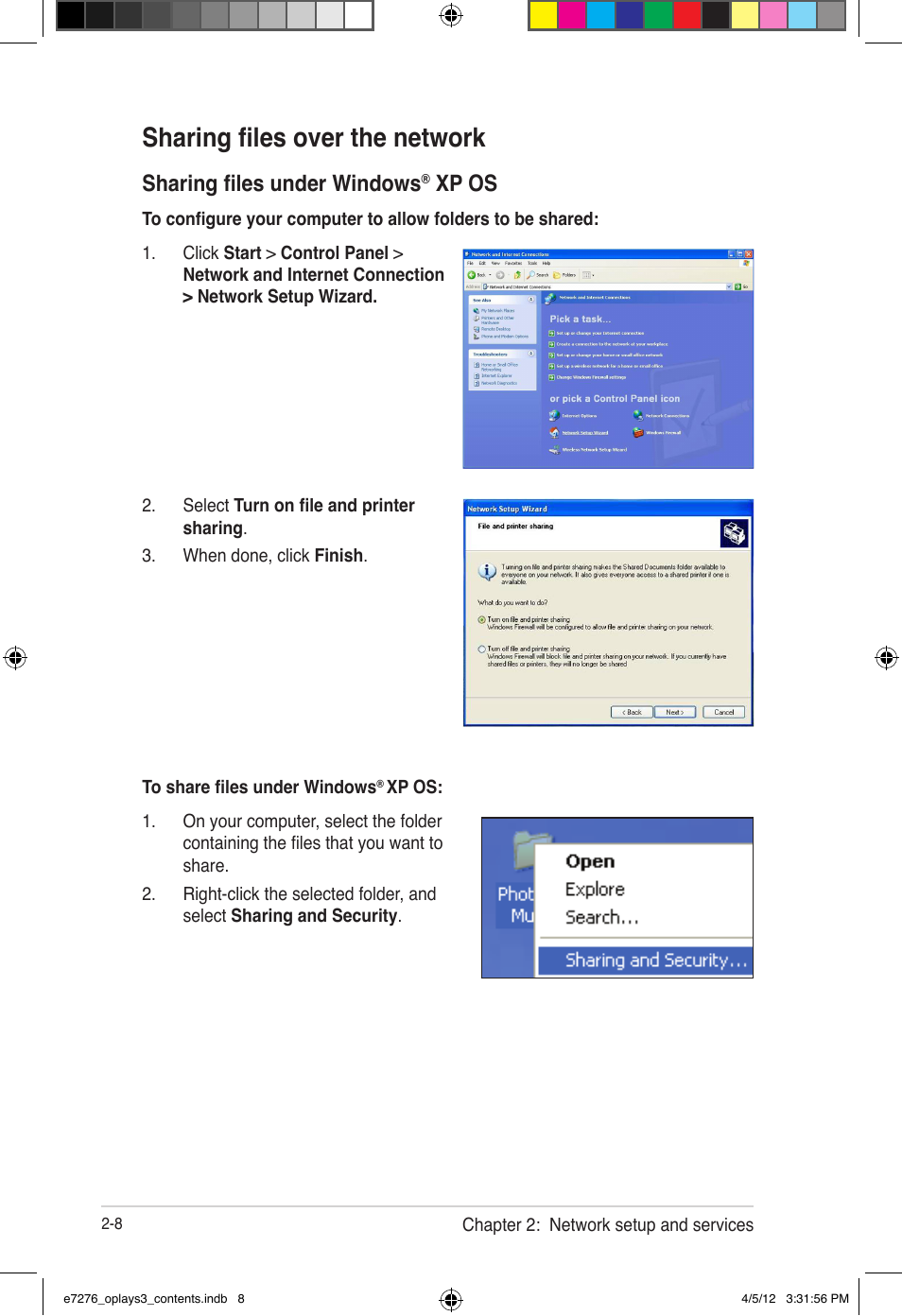 Sharing files over the network, Sharing files under windows, Xp os | Asus O!Play Media Pro User Manual | Page 32 / 72