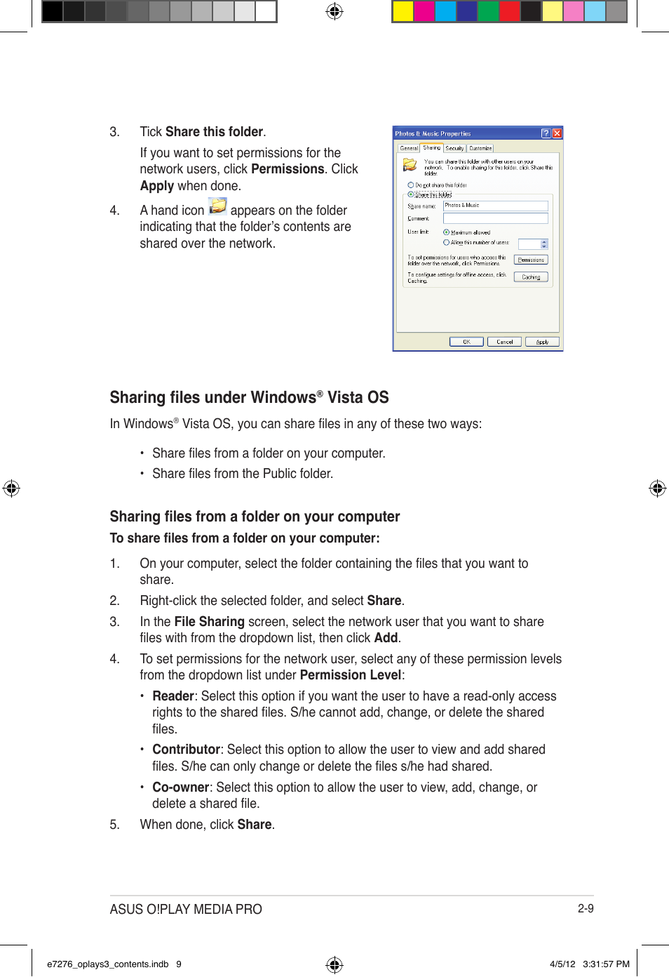 Sharing files under windows, Vista os | Asus O!Play Media Pro User Manual | Page 33 / 72