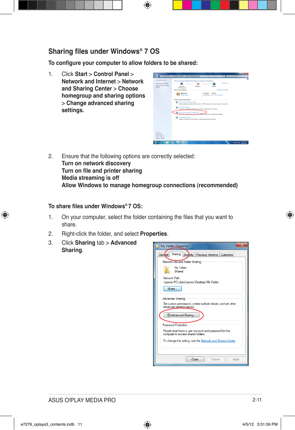 Sharing files under windows, 7 os | Asus O!Play Media Pro User Manual | Page 35 / 72