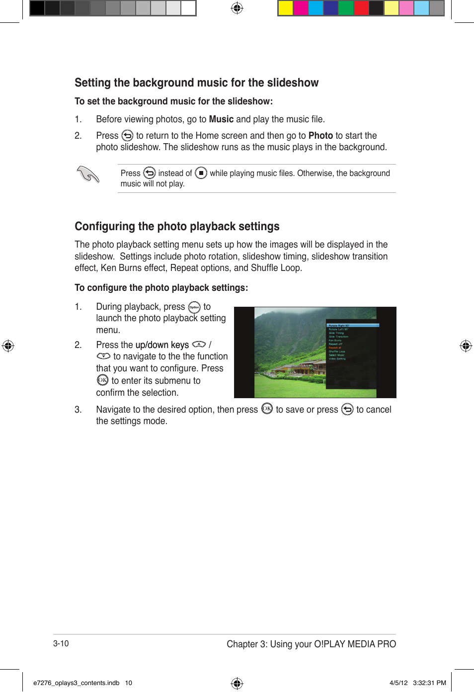 Configuring the photo playback settings, Setting the background music for the slideshow | Asus O!Play Media Pro User Manual | Page 48 / 72